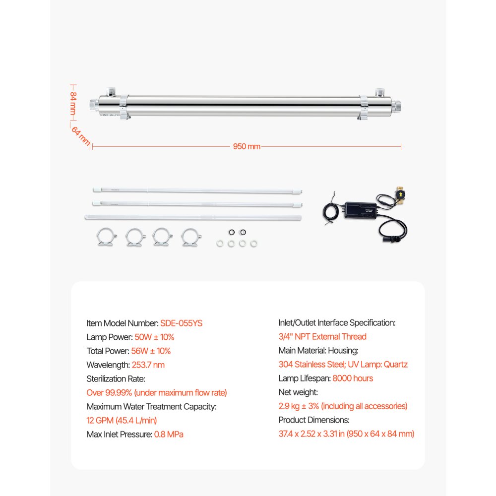 VEVOR UV Oczyszczacz wody 56 W 45,4 l/min Uniwersalny filtr do oczyszczania wody ultrafioletowej z obudową ze stali nierdzewnej, filtr UV do wody na cały dom z powłoką kwarcową, odpowiedni do prysznica/picia/czyszczenia