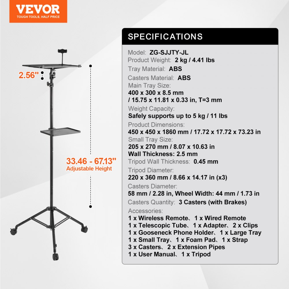 VEVOR Stojak na projektor z kółkami, statyw na laptopa, regulowana wysokość od 795 do 1710 mm, statyw na projektor z 2 półkami i uchwytem na telefon typu gooseneck, do użytku na zewnątrz/w biurze/studio, w domu