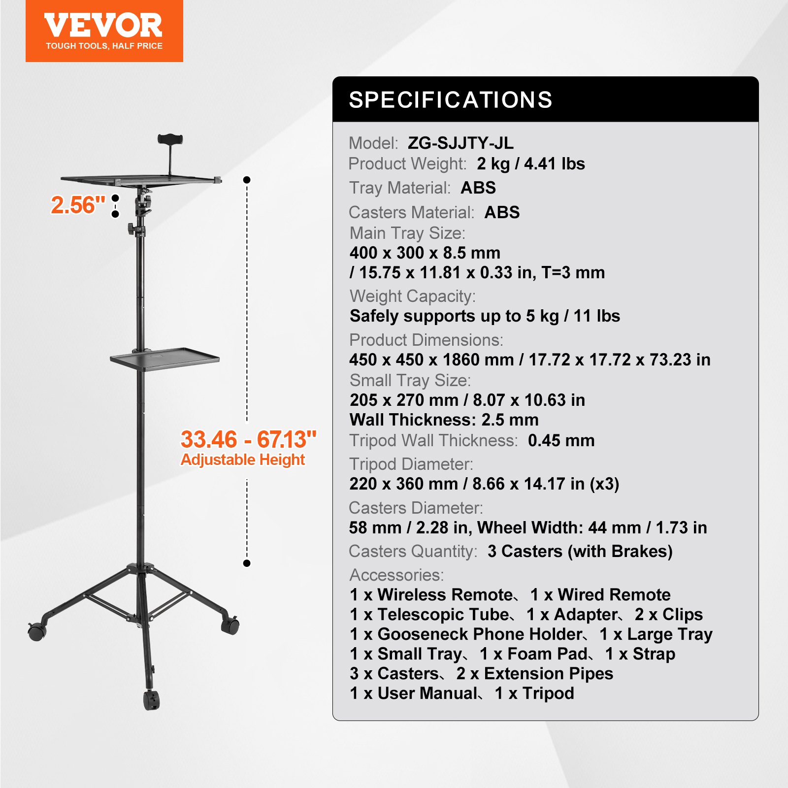VEVOR Stojak na projektor z kółkami, statyw na laptopa, regulowana wysokość od 795 do 1710 mm, statyw na projektor z 2 półkami i uchwytem na telefon typu gooseneck, do użytku na zewnątrz/w biurze/studio, w domu
