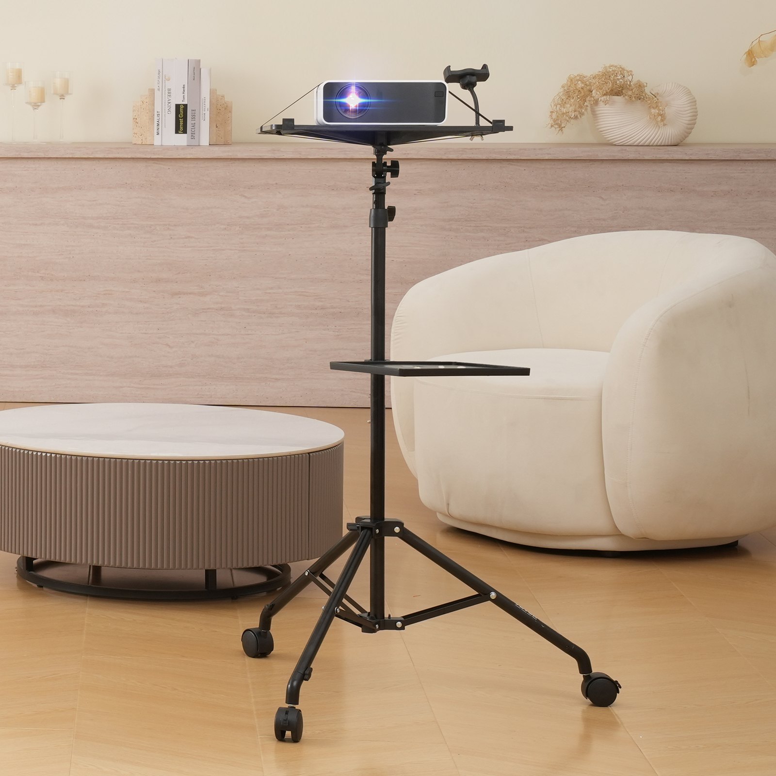 VEVOR Stojak na projektor z kółkami, statyw na laptopa, regulowana wysokość od 795 do 1710 mm, statyw na projektor z 2 półkami i uchwytem na telefon typu gooseneck, do użytku na zewnątrz/w biurze/studio, w domu