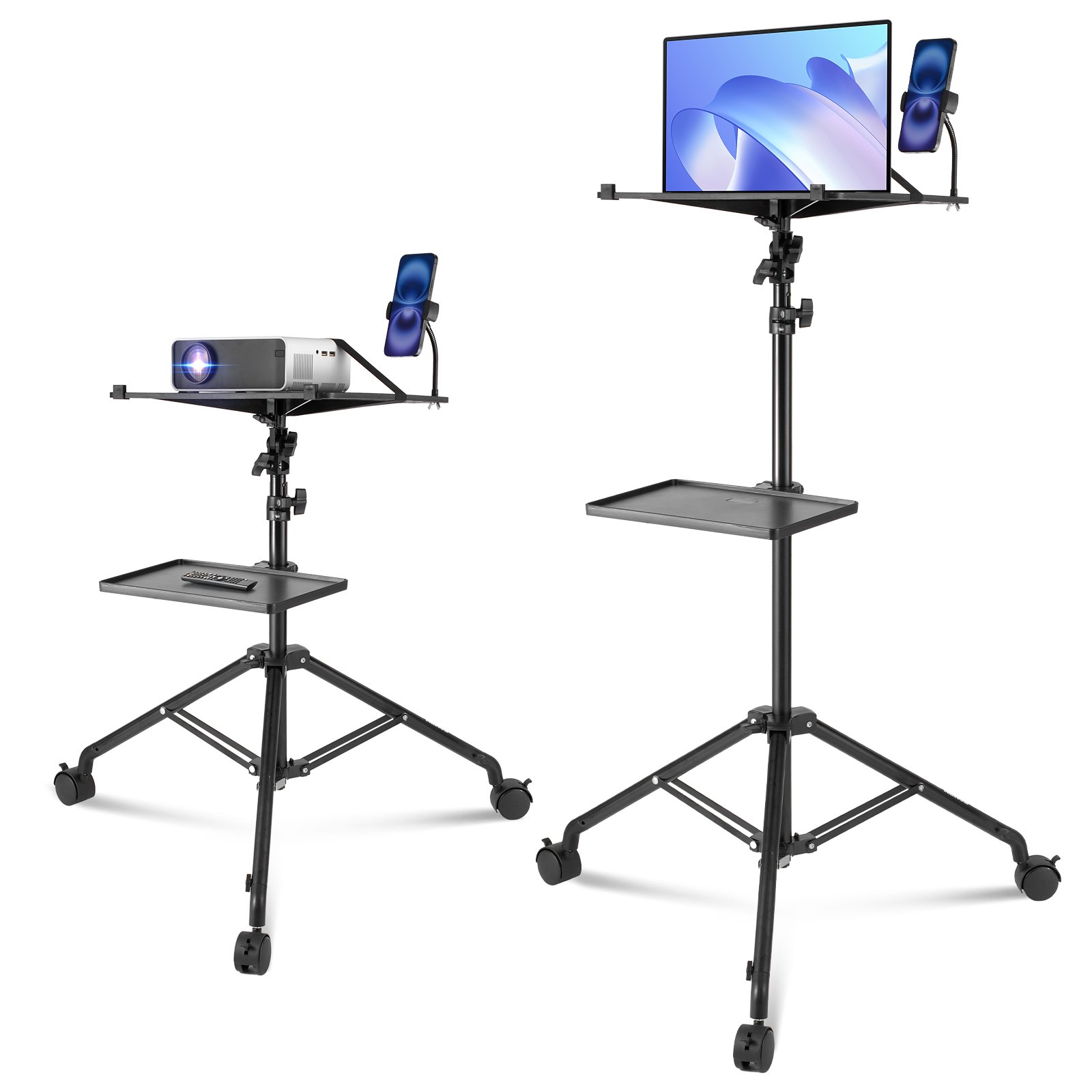 VEVOR Stojak na projektor z kółkami, statyw na laptopa, regulowana wysokość od 795 do 1710 mm, statyw na projektor z 2 półkami i uchwytem na telefon typu gooseneck, do użytku na zewnątrz/w biurze/studio, w domu
