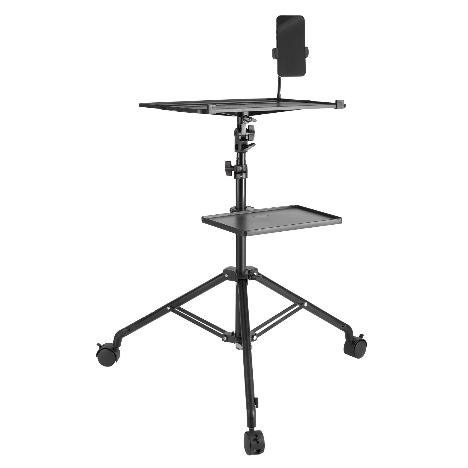 VEVOR Stojak na projektor z kółkami, statyw na laptopa, regulowana wysokość od 795 do 1710 mm, statyw na projektor z 2 półkami i uchwytem na telefon typu gooseneck, do użytku na zewnątrz/w biurze/studio, w domu