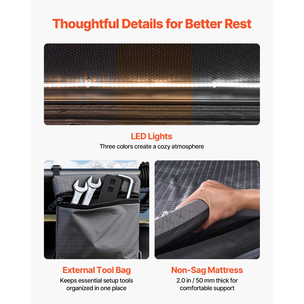 VEVOR Twardy namiot dachowy dla 2-3 osób, aluminiowy namiot samochodowy z trójkolorowym oświetleniem LED i grubym materacem, wodoodporny i wiatroodporny, do pickupów Jeep SUV, 250 x 225 x 144 cm (rozłożony)