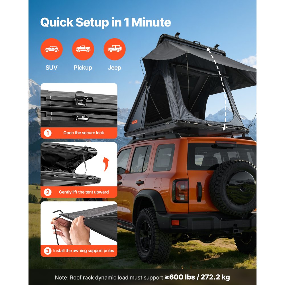 VEVOR Twardy namiot dachowy dla 2-3 osób, aluminiowy namiot samochodowy z trójkolorowym oświetleniem LED i grubym materacem, wodoodporny i wiatroodporny, do pickupów Jeep SUV, 250 x 225 x 144 cm (rozłożony)