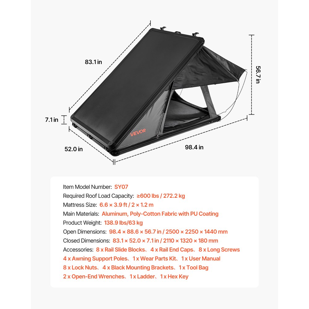 VEVOR Twardy namiot dachowy dla 2-3 osób, aluminiowy namiot samochodowy z trójkolorowym oświetleniem LED i grubym materacem, wodoodporny i wiatroodporny, do pickupów Jeep SUV, 250 x 225 x 144 cm (rozłożony)