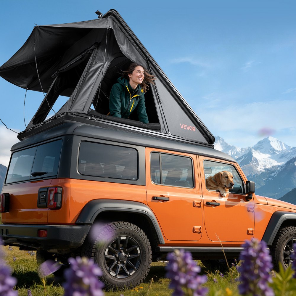 VEVOR Twardy namiot dachowy dla 2-3 osób, aluminiowy namiot samochodowy z trójkolorowym oświetleniem LED i grubym materacem, wodoodporny i wiatroodporny, do pickupów Jeep SUV, 250 x 225 x 144 cm (rozłożony)