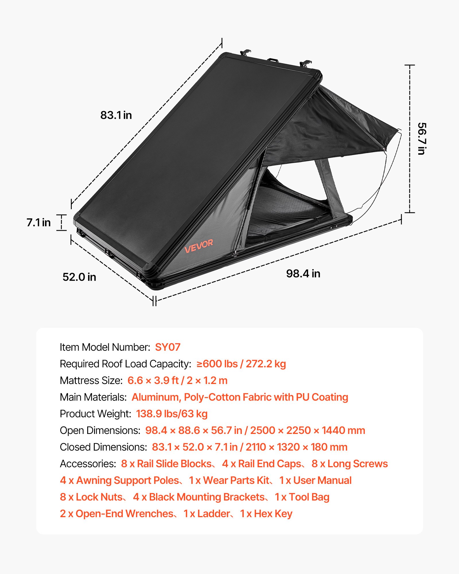 VEVOR Twardy namiot dachowy dla 2-3 osób, aluminiowy namiot samochodowy z trójkolorowym oświetleniem LED i grubym materacem, wodoodporny i wiatroodporny, do pickupów Jeep SUV, 250 x 225 x 144 cm (rozłożony)
