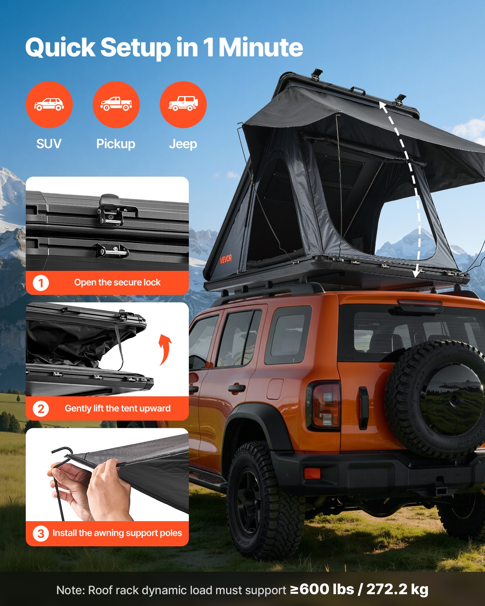 VEVOR Twardy namiot dachowy dla 2-3 osób, aluminiowy namiot samochodowy z trójkolorowym oświetleniem LED i grubym materacem, wodoodporny i wiatroodporny, do pickupów Jeep SUV, 250 x 225 x 144 cm (rozłożony)