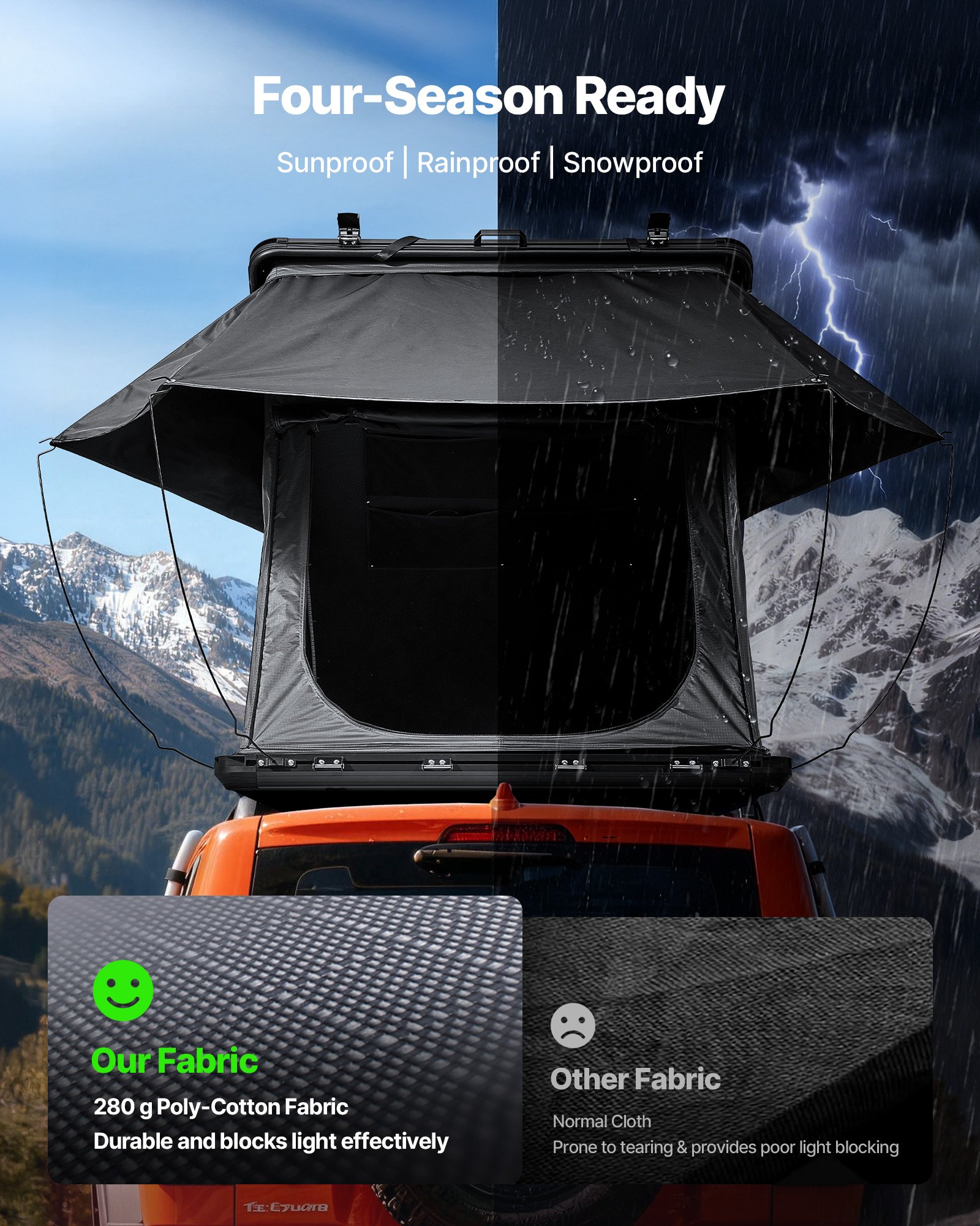 VEVOR Twardy namiot dachowy dla 2-3 osób, aluminiowy namiot samochodowy z trójkolorowym oświetleniem LED i grubym materacem, wodoodporny i wiatroodporny, do pickupów Jeep SUV, 250 x 225 x 144 cm (rozłożony)