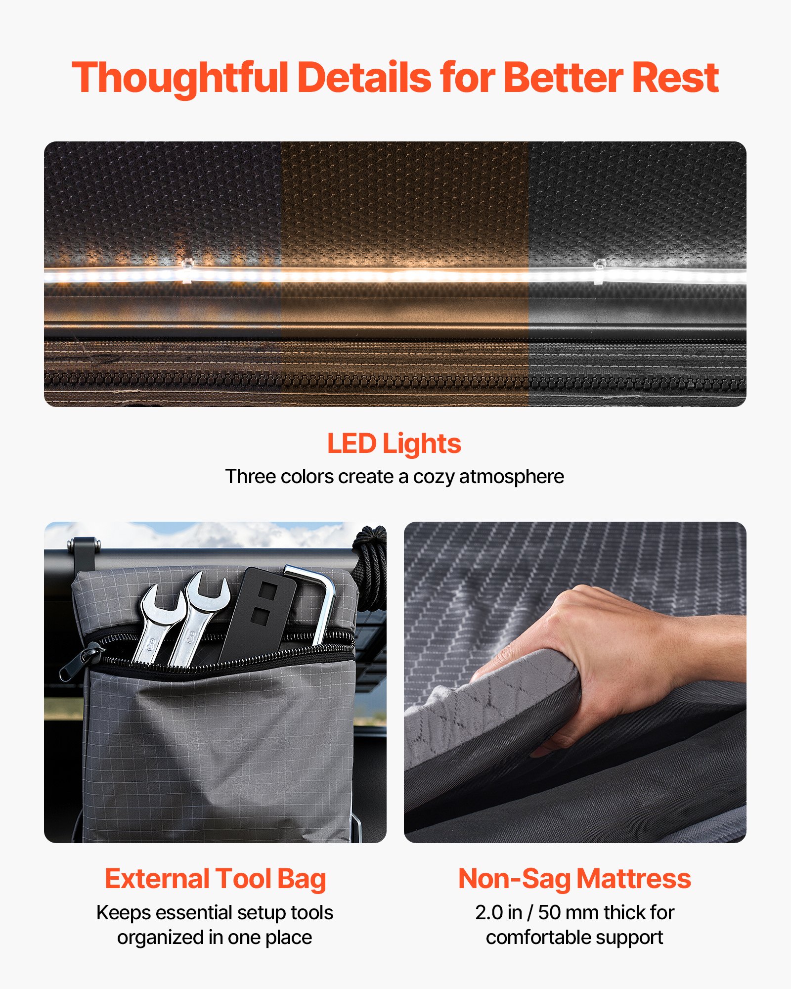 VEVOR Twardy namiot dachowy dla 2-3 osób, aluminiowy namiot samochodowy z trójkolorowym oświetleniem LED i grubym materacem, wodoodporny i wiatroodporny, do pickupów Jeep SUV, 250 x 225 x 144 cm (rozłożony)