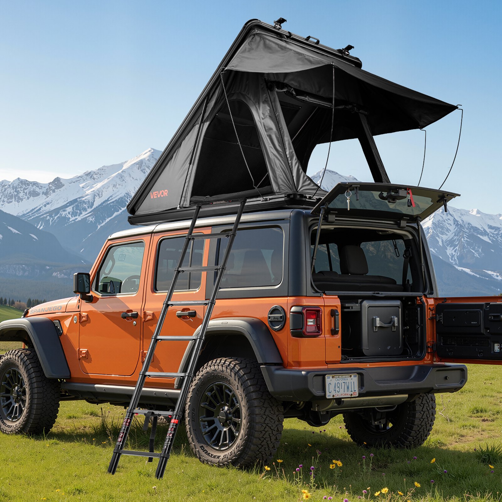VEVOR Twardy namiot dachowy dla 2-3 osób, aluminiowy namiot samochodowy z trójkolorowym oświetleniem LED i grubym materacem, wodoodporny i wiatroodporny, do pickupów Jeep SUV, 250 x 225 x 144 cm (rozłożony)