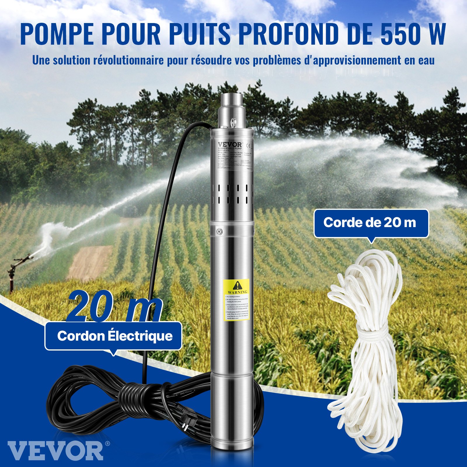 VEVOR 3" Deep Well Pump 550W Well Pump Max. Flow Rate 35L/min Submersible Pump Max. Delivery Head 108m Submersible Water Pump Sand Resistant <5% Max. Speed ​​2850rpm Ideal for Freshwater Supply Irrigation