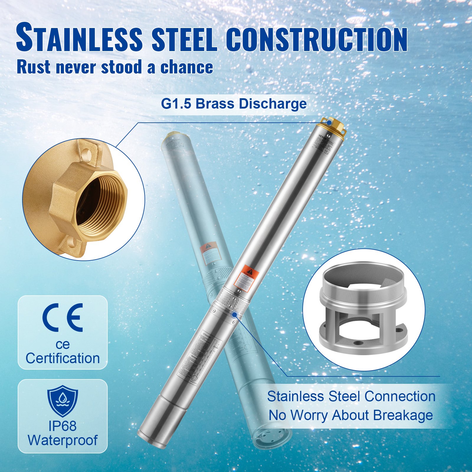 Pompa zanurzeniowa do studni głębinowych VEVOR, 2 KM/1500 W, 230 V/50 Hz, przepływ 9,8 m³/h, wysokość podnoszenia 108 m, z kablem zasilającym o długości 9,1 m, pompy wodne ze stali nierdzewnej do zastosowań przemysłowych, nawadniania i domowych, stopień wodoodporności IP68