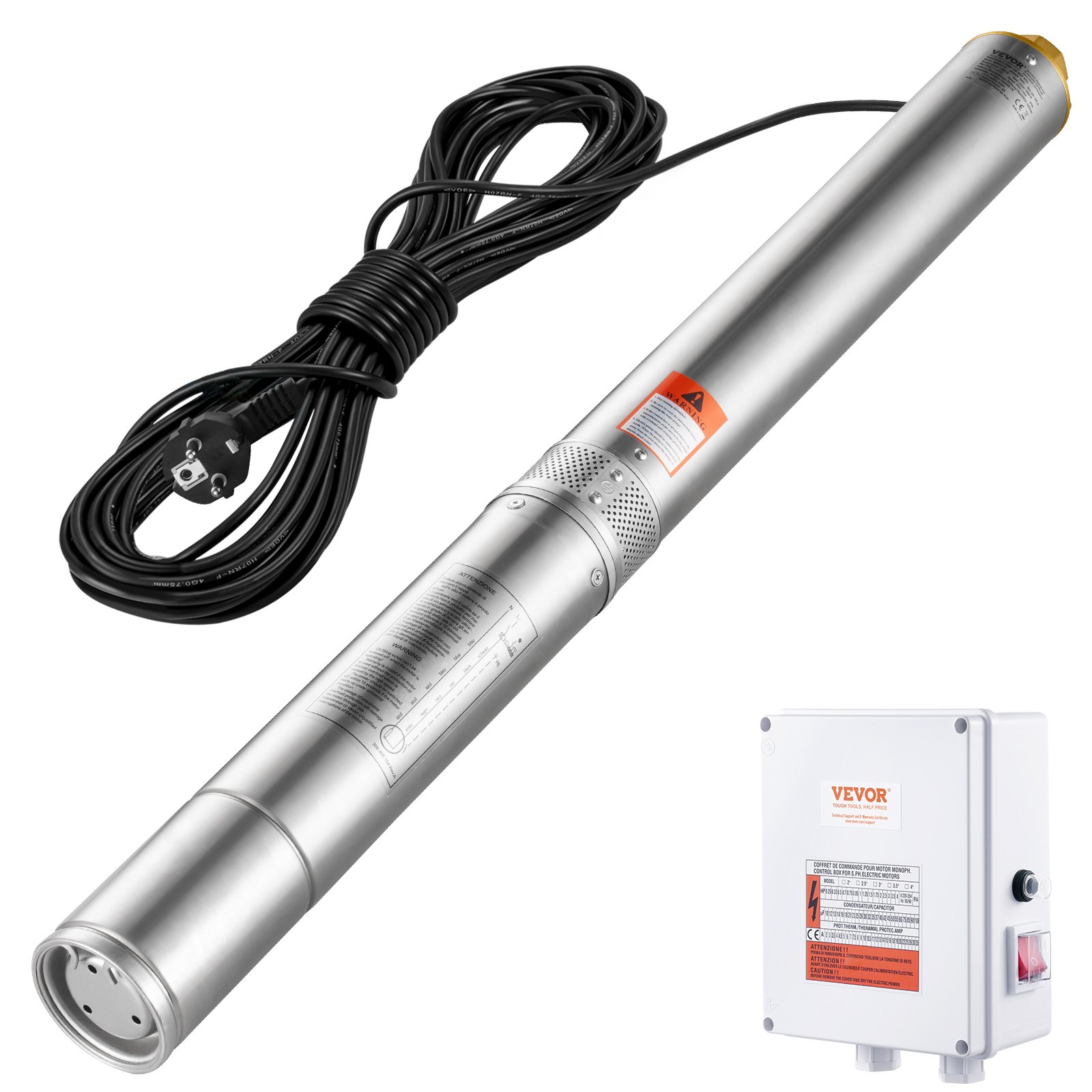 Pompa zanurzeniowa do studni głębinowych VEVOR, 2200 W, 230 V, przepływ 9,8 m³/h, wysokość podnoszenia 144 m, z kablem 19,4 m i zewnętrzną skrzynką sterowniczą, pompy wodne ze stali nierdzewnej do nawadniania przemysłowego i użytku domowego, wodoodporność IP68