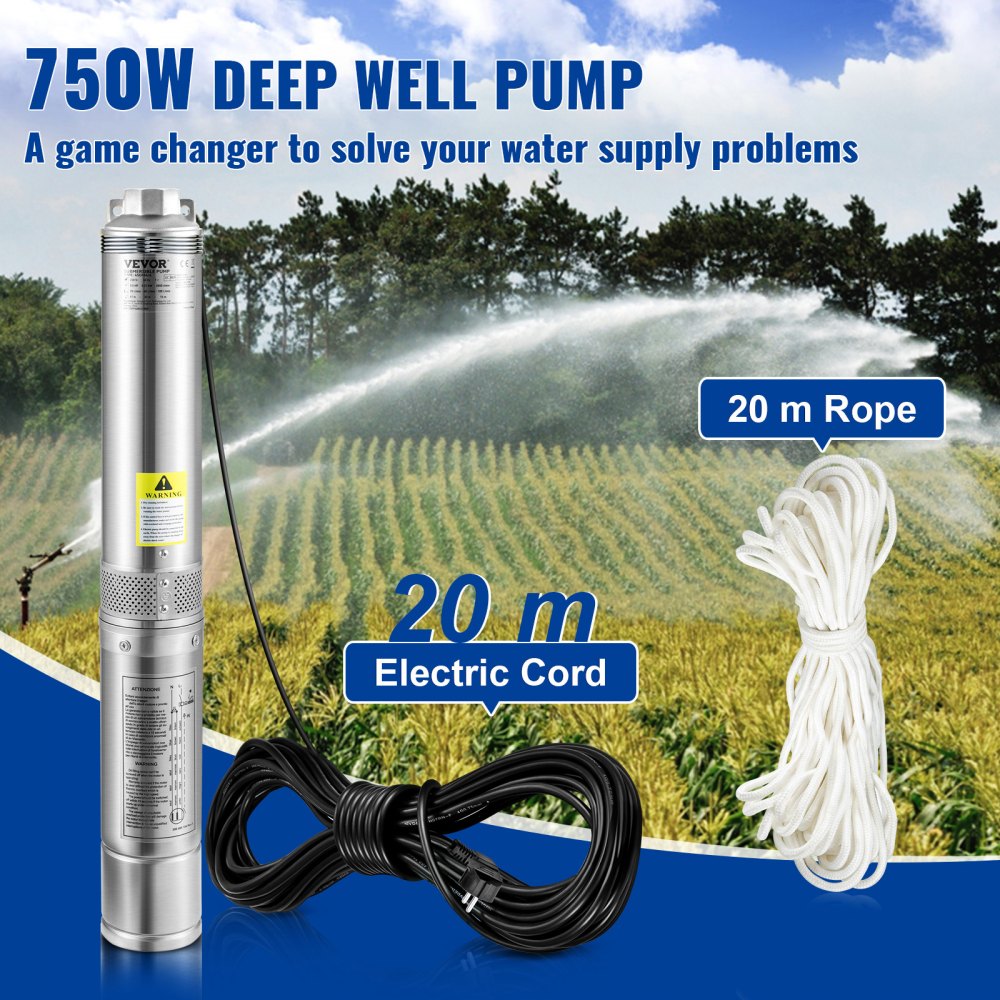 VEVOR Pompa do Studni Głębinowych 750W230V50Hz Pompa Studni 100L/min Pompa Głębinowa Maks Wys Dostawy 66m Pompa Rurowa 7,6cm ze Stali Nierdzewnej Pompa do Piasku do Nawadniania lub Zaopatrzenia w Wodę