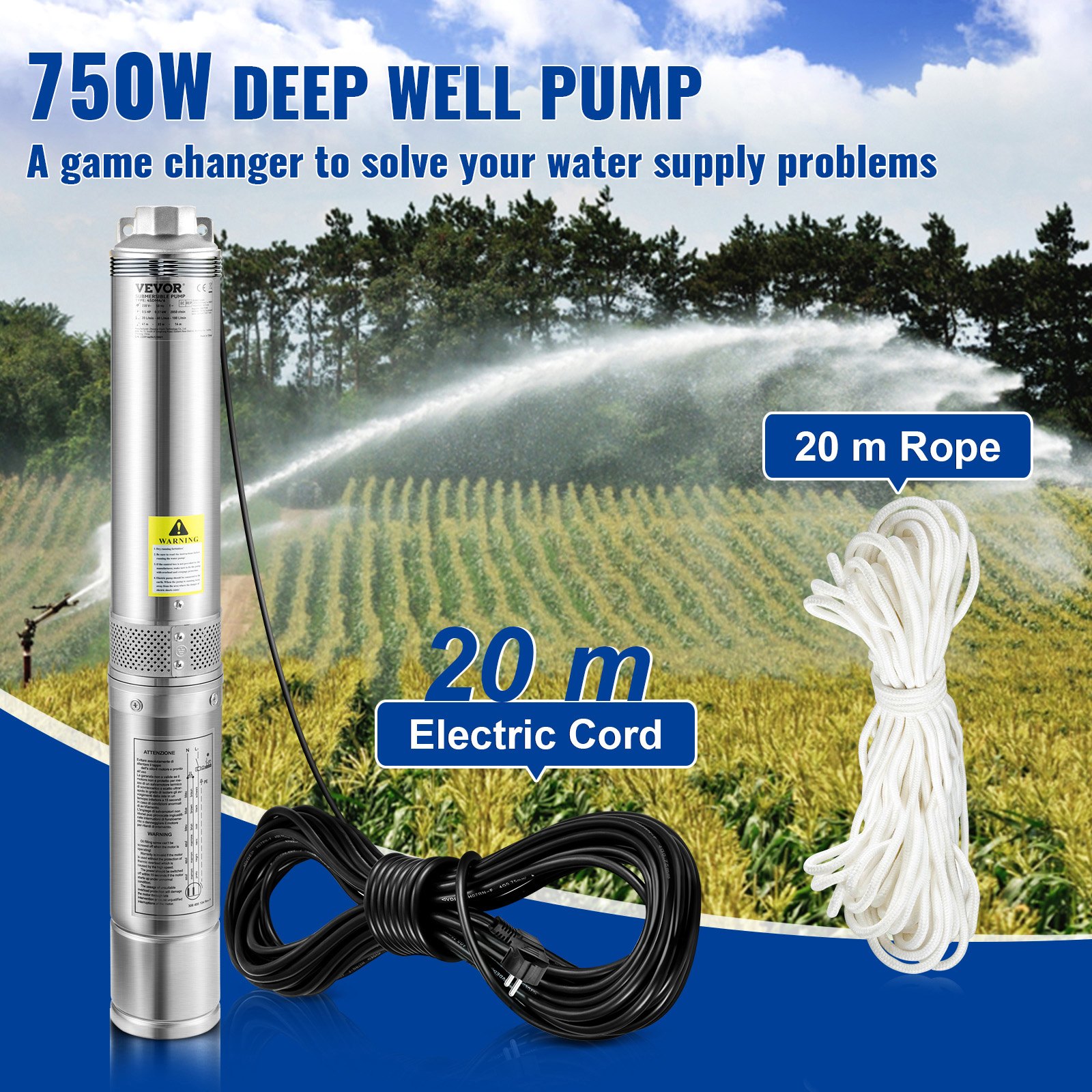VEVOR Pompa do Studni Głębinowych 750W230V50Hz Pompa Studni 100L/min Pompa Głębinowa Maks Wys Dostawy 66m Pompa Rurowa 7,6cm ze Stali Nierdzewnej Pompa do Piasku do Nawadniania lub Zaopatrzenia w Wodę