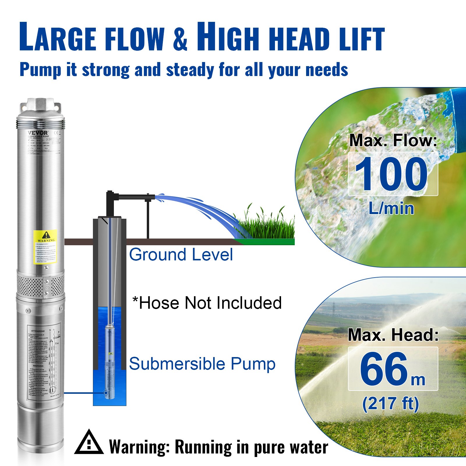 VEVOR Pompa do Studni Głębinowych 750W230V50Hz Pompa Studni 100L/min Pompa Głębinowa Maks Wys Dostawy 66m Pompa Rurowa 7,6cm ze Stali Nierdzewnej Pompa do Piasku do Nawadniania lub Zaopatrzenia w Wodę