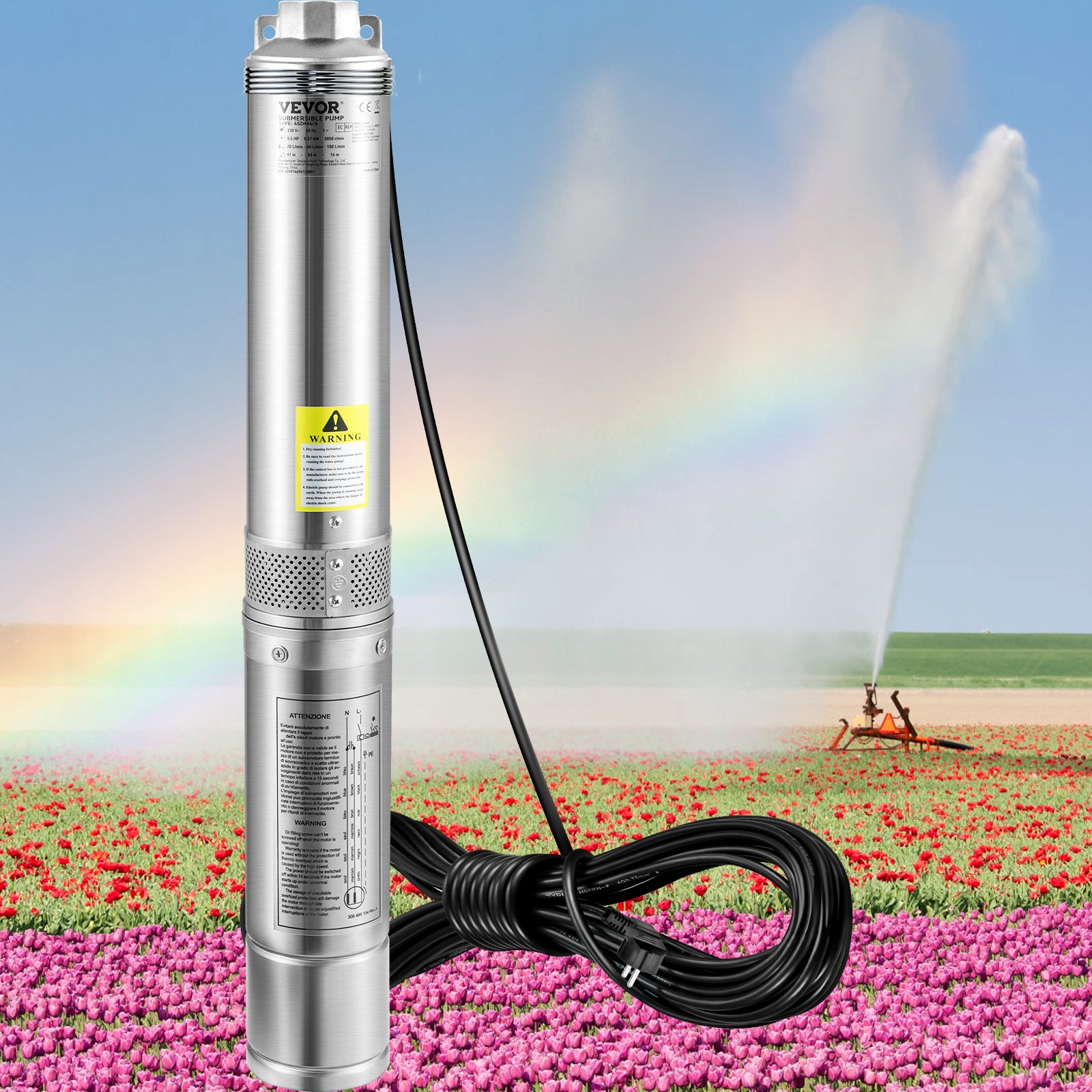 VEVOR Pompa do Studni Głębinowych 750W230V50Hz Pompa Studni 100L/min Pompa Głębinowa Maks Wys Dostawy 66m Pompa Rurowa 7,6cm ze Stali Nierdzewnej Pompa do Piasku do Nawadniania lub Zaopatrzenia w Wodę