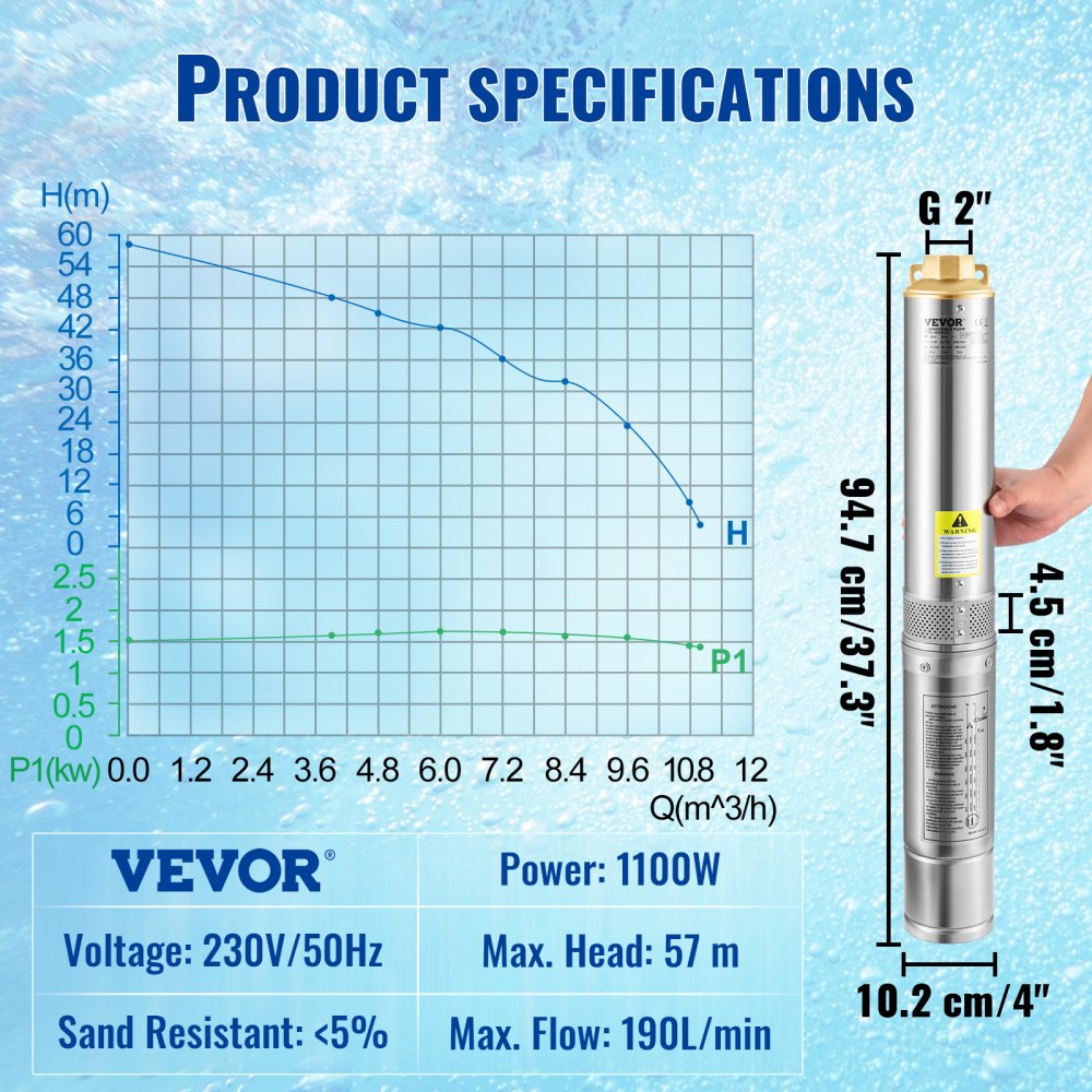 Pompa głębinowa VEVOR 4" 1100W, pompa do studni, pompa zanurzeniowa 190 l/min, maks. wysokość podnoszenia 57 m, pompa rurowa 230 V, 50 Hz, pompa piaskowa, pompa wodna IP68, pompa wodna 0–40°C, idealna do nawadniania, zaopatrzenia w wodę i drenażu