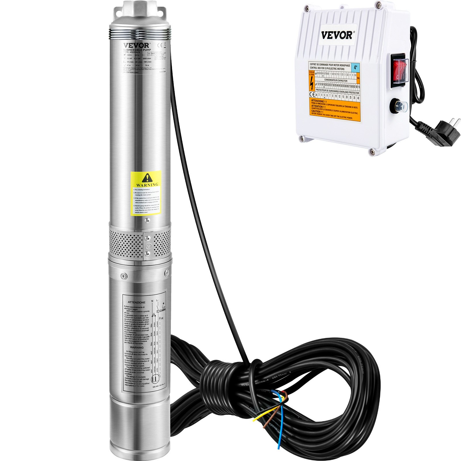 VEVOR Pompa głębinowa 4" 1100W, pompa do studni, pompa zanurzeniowa 190 l/min, maks. wysokość podnoszenia 57 m, pompa rurowa 230 V, 50 Hz, pompa piaskowa, pompa wodna IP68, pompa wodna 0–40°C, idealna do nawadniania, zaopatrzenia w wodę i drenażu