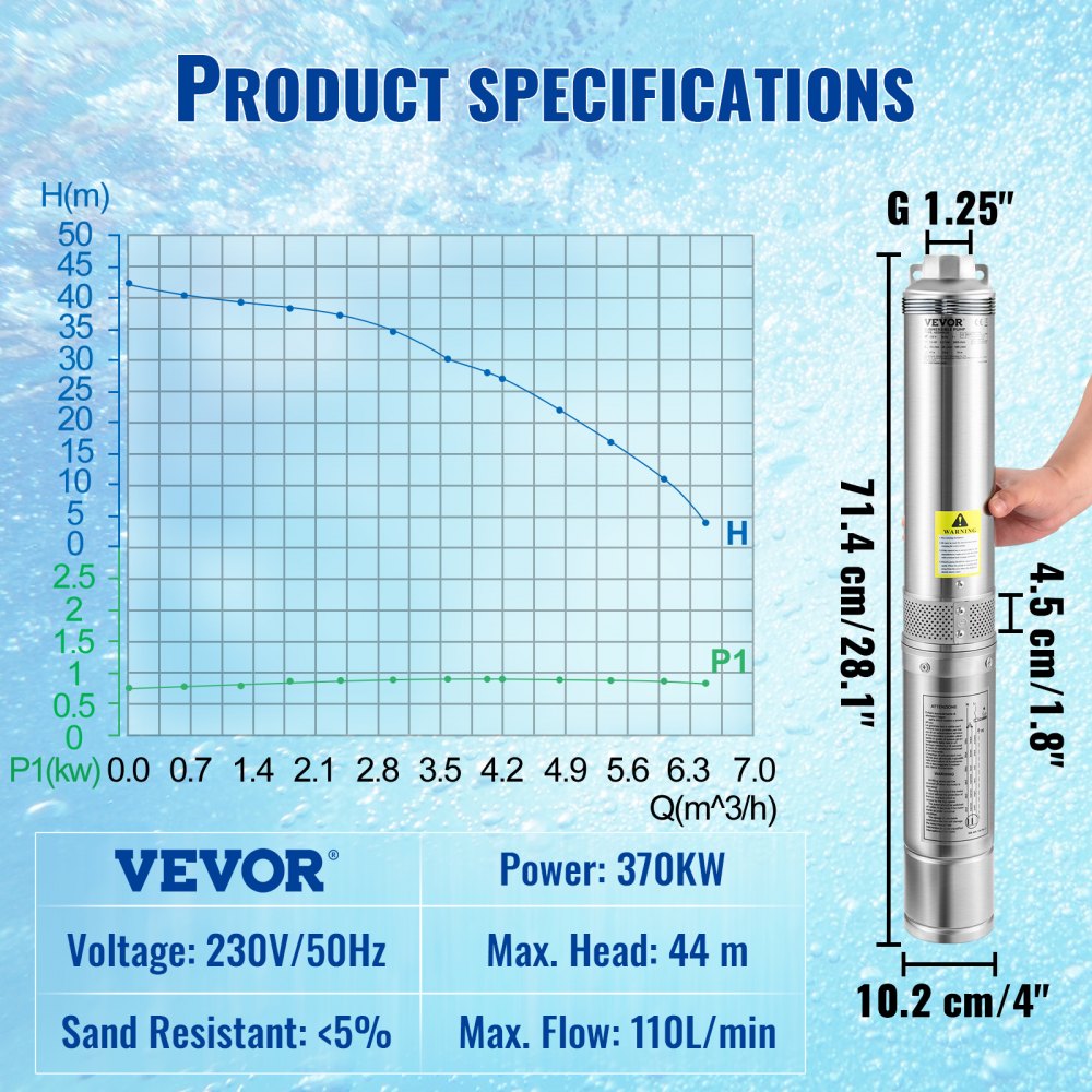 VEVOR Pompa do Studni Głębinowych 370W230V50Hz Pompa Studni 110L/min Pompa Głębinowa Maks Wys Dostawy44m Pompa Rurowa 10,2cm ze Stali Nierdzewnej Pompa do Piasku do Nawadniania lub Zaopatrzenia w Wodę
