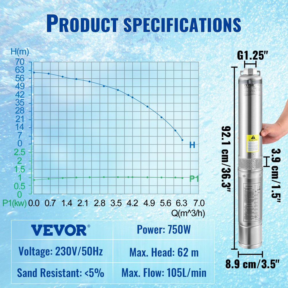 VEVOR Pompa głębinowa 3,5" 750W, pompa do studni, pompa zanurzeniowa 105 l/min, maks. wysokość podnoszenia 62 m, pompa rurowa 230 V, 50 Hz, pompa piaskowa, pompa wodna IP68, 11 stopni wirnika, pompa idealna do nawadniania lub zaopatrzenia w wodę