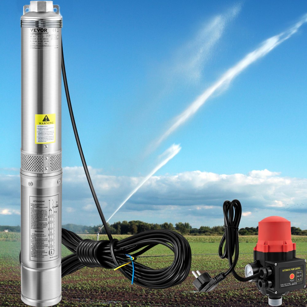 VEVOR Pompa głębinowa 3,5" 750W, pompa do studni, pompa zanurzeniowa 105 l/min, maks. wysokość podnoszenia 62 m, pompa rurowa 230 V, 50 Hz, pompa piaskowa, pompa wodna IP68, 11 stopni wirnika, pompa idealna do nawadniania lub zaopatrzenia w wodę
