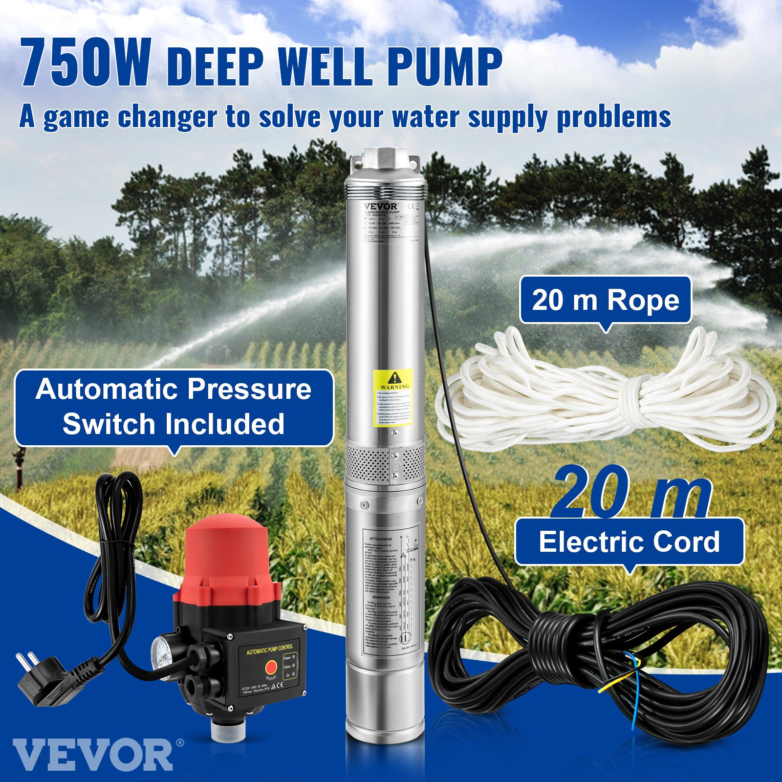 VEVOR Pompa głębinowa 3,5" 750W, pompa do studni, pompa zanurzeniowa 105 l/min, maks. wysokość podnoszenia 62 m, pompa rurowa 230 V, 50 Hz, pompa piaskowa, pompa wodna IP68, 11 stopni wirnika, pompa idealna do nawadniania lub zaopatrzenia w wodę