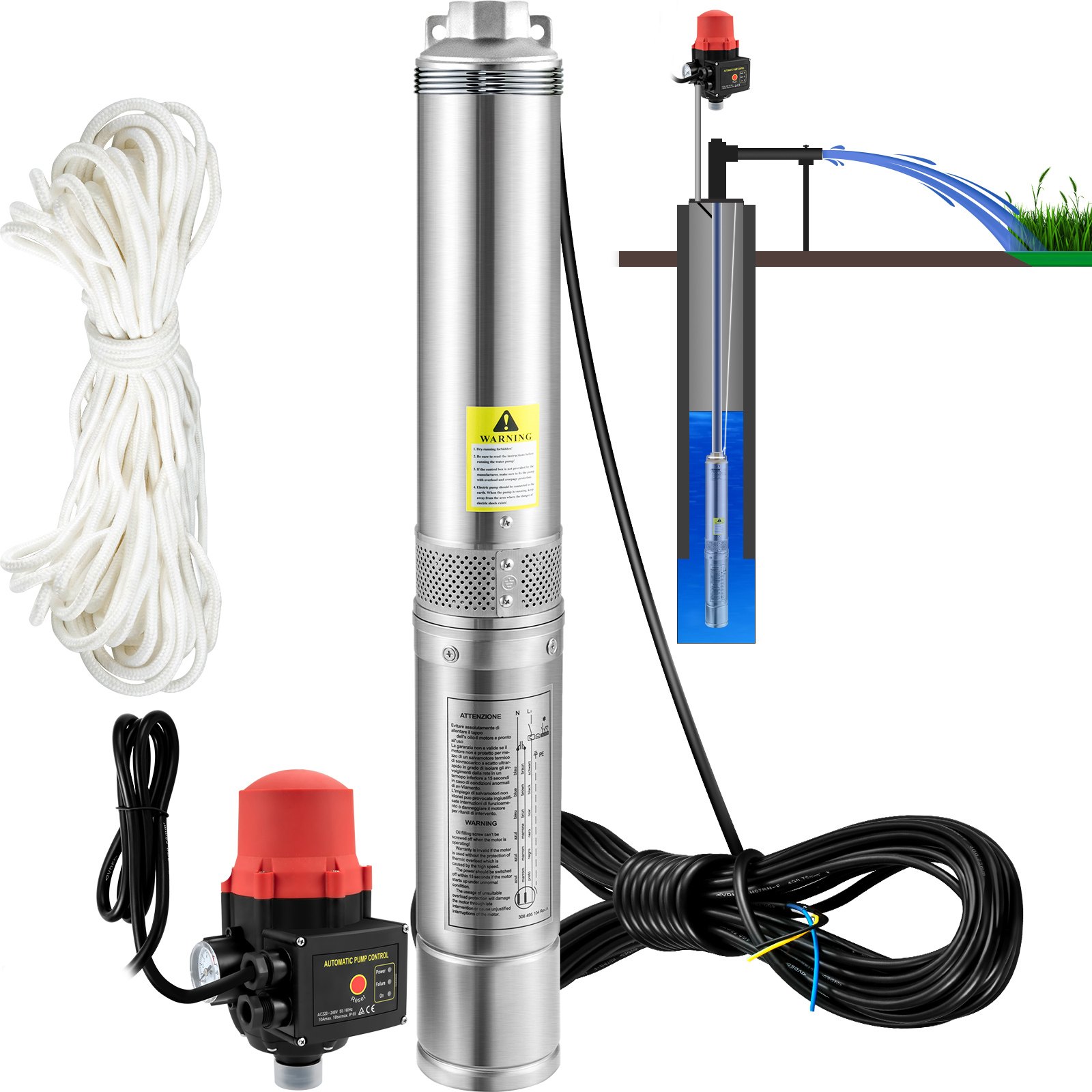 VEVOR Pompa głębinowa 3,5" 750W, pompa do studni, pompa zanurzeniowa 105 l/min, maks. wysokość podnoszenia 62 m, pompa rurowa 230 V, 50 Hz, pompa piaskowa, pompa wodna IP68, 11 stopni wirnika, pompa idealna do nawadniania lub zaopatrzenia w wodę