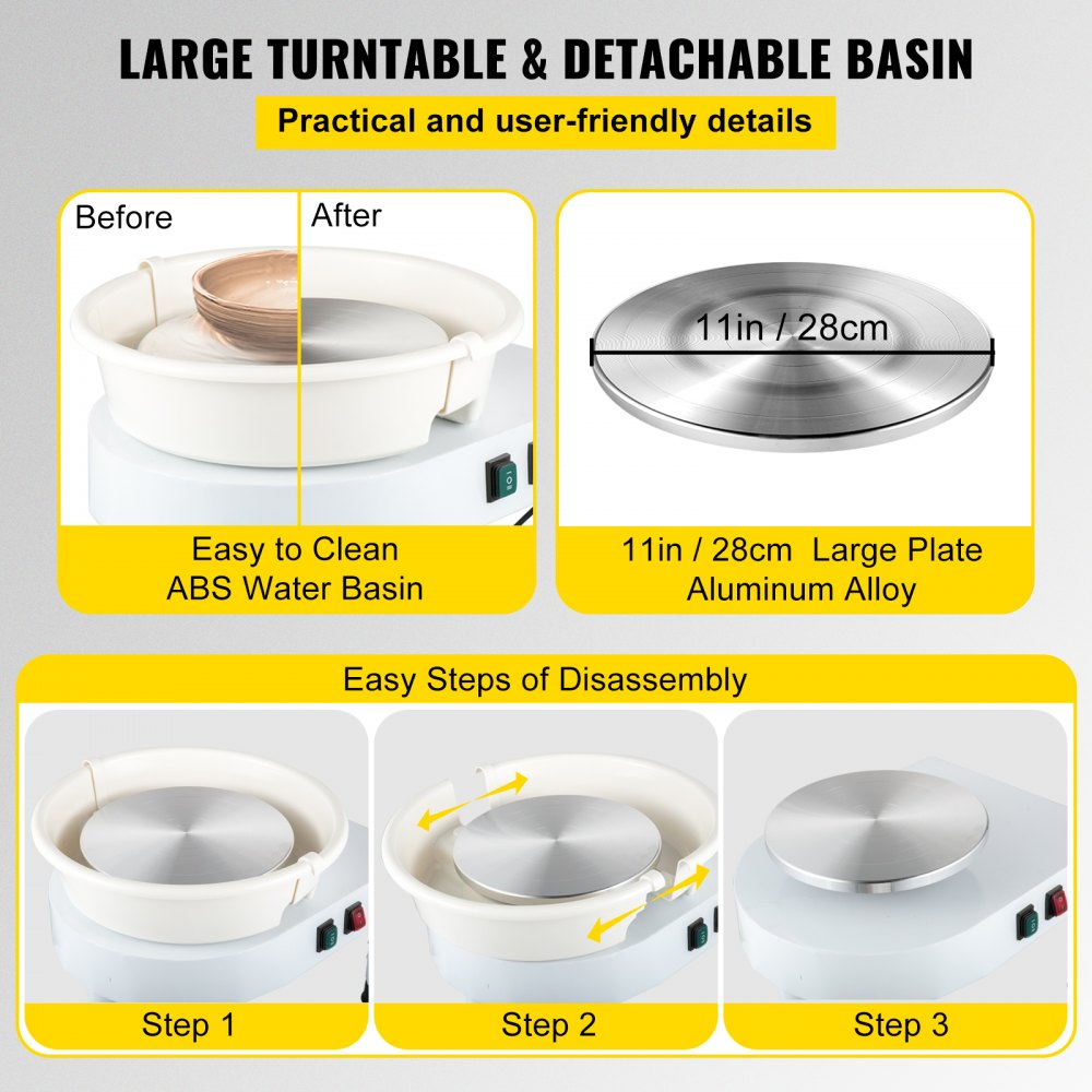 VEVOR Koło Garncarskie, 28 cm Koło Ceramiczne, 450W 300 obr/min Maszyna Ceramiczna, Stół Podnoszący 0-20 cm Maszyna z Kołem Garncarskim, Z Pedałem Nożnym i Zdejmowaną Miską i Zestaw Narzędzi, Białe