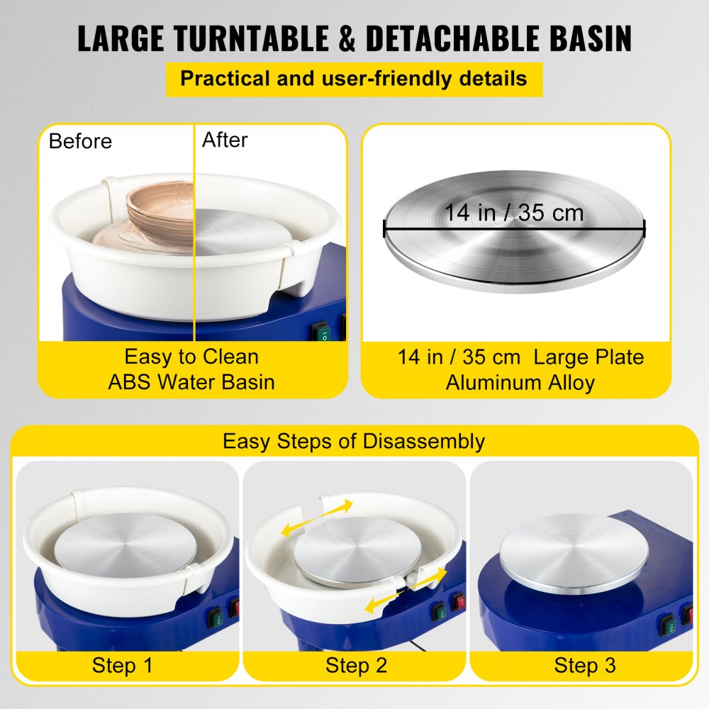 VEVOR Koło Garncarskie, 35cm Koło Ceramiczne, 450W 300 obr/min Maszyna Ceramiczna, Stół Podnoszący 0-20 cm Maszyna z Kołem Garncarskim, Z Pedałem Nożnym i Zdejmowaną Miską i Zestaw Narzędzi, Niebieski