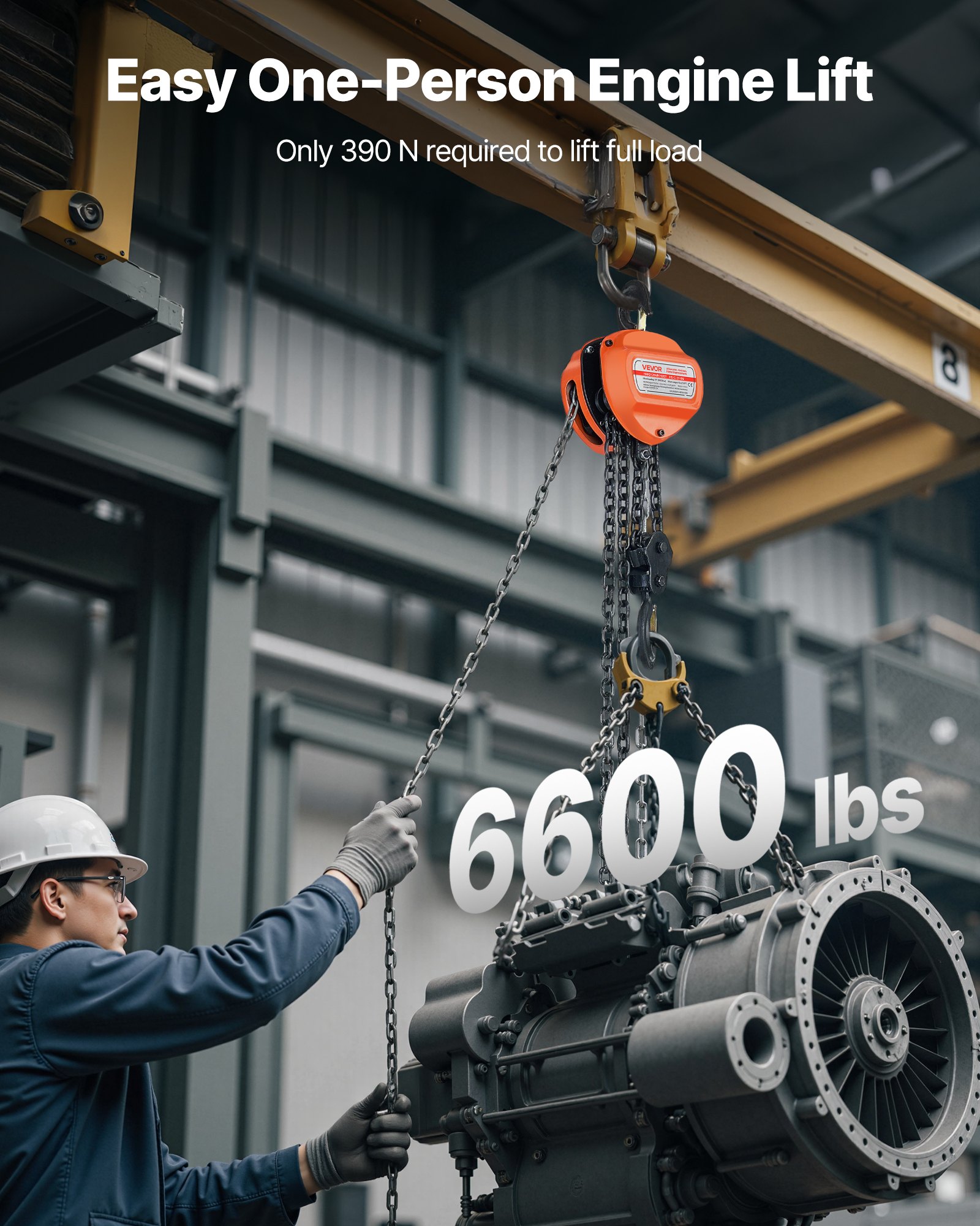 VEVOR Hand Chain Hoist, 3 Ton Capacity, Manual Chain Block with Upgrade G80 Galvanized Chain, 6 m Lifting Height, Heavy Duty Pulley Hoist for Garage Warehouse Automotive Machinery, Orange