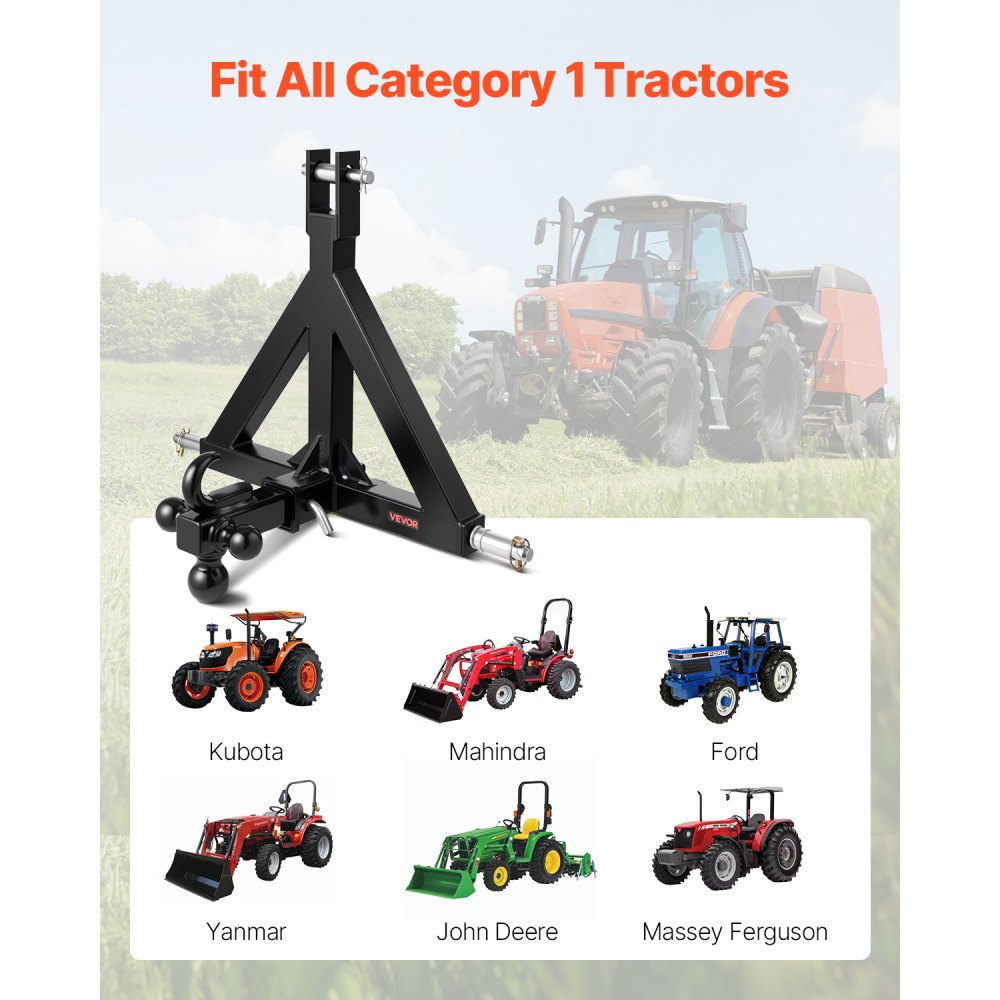 VEVOR 3-punktowy zaczep, odbiornik 2-calowy, zaczep trzypunktowy z 3 kulami przyczepy, adapter dyszla ciągnika, kompatybilny z Kubota, Mahindra, Ford, Yanmar, John Deere, Massey Ferguson