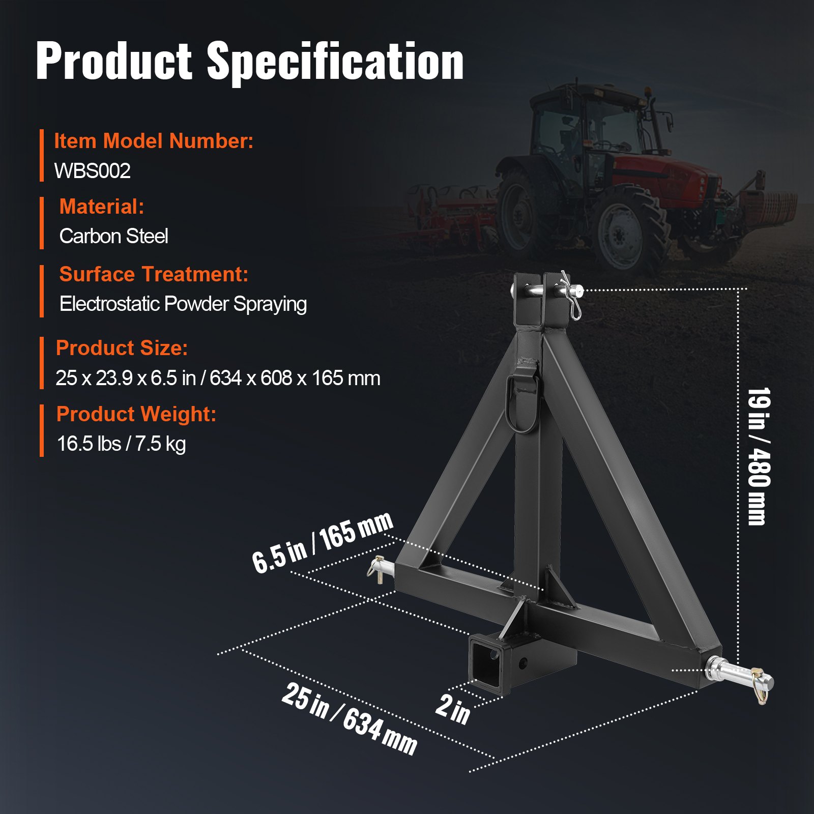 Trzypunktowy zaczep przyczepy VEVOR 634x608x165mm mocowanie trzypunktowe z przyczepą ciągnikową 5,08cm szyna polowa zaczep trzypunktowy ze stali węglowej do ciągników kategorii 1