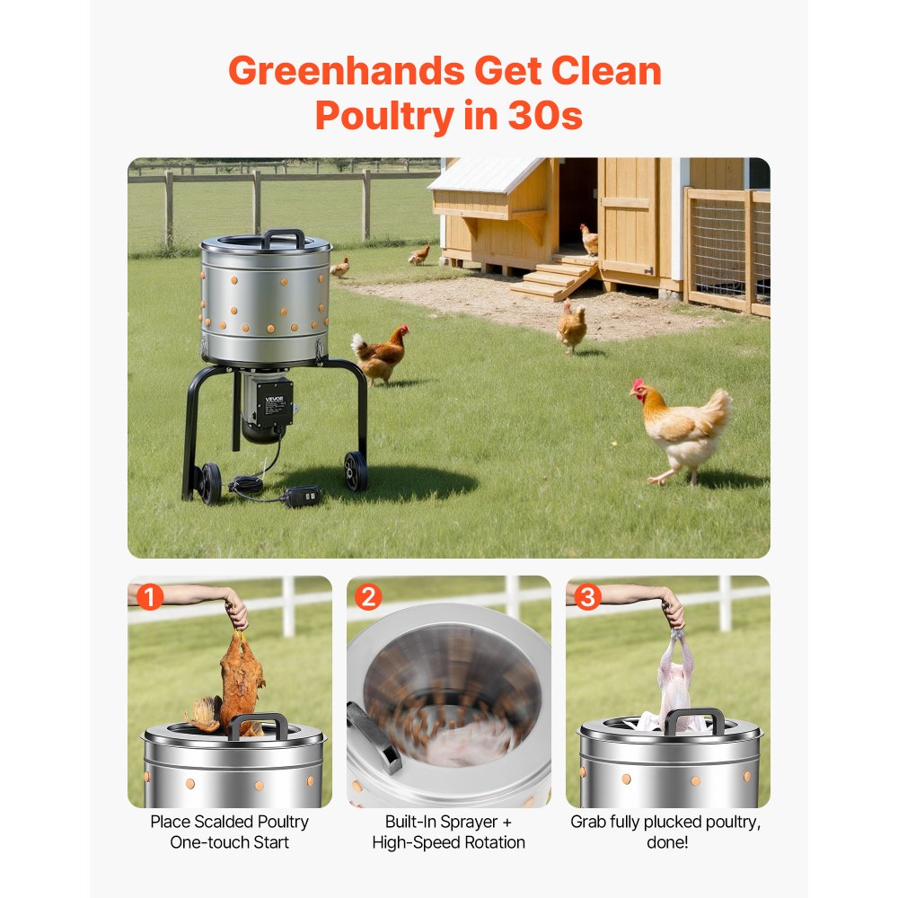 VEVOR Chicken Plucker Machine, 400mm Drum, 500W & 230RPM Electric Chicken Plucking Machine with 114 Soft Fingers & Transport Wheels, Stainless Steel Feather Remover for Processing 1-2 Chicks Once