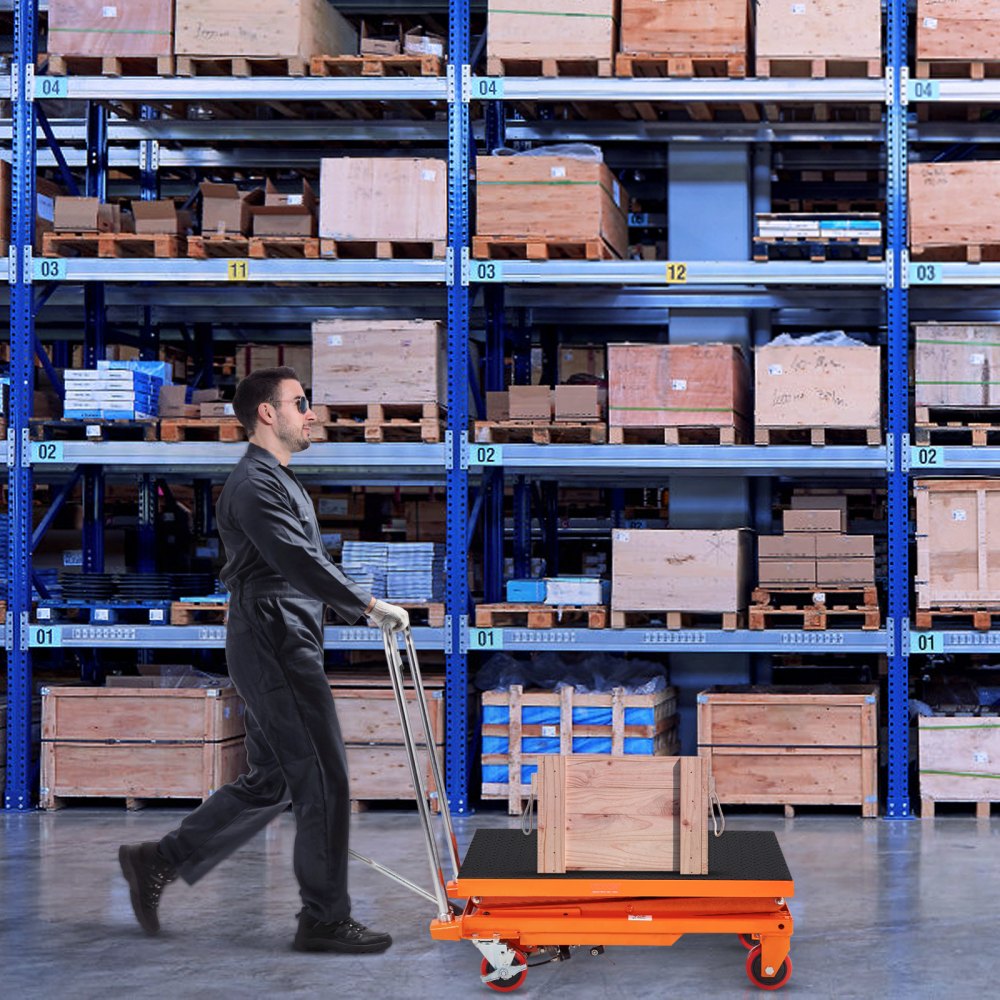 Wózek paletowy hydrauliczny VEVOR TFD15, udźwig 330 funtów, 127 cm, z 4 kołami i antypoślizgową podkładką, do transportu i obsługi materiałów, pomarańczowy