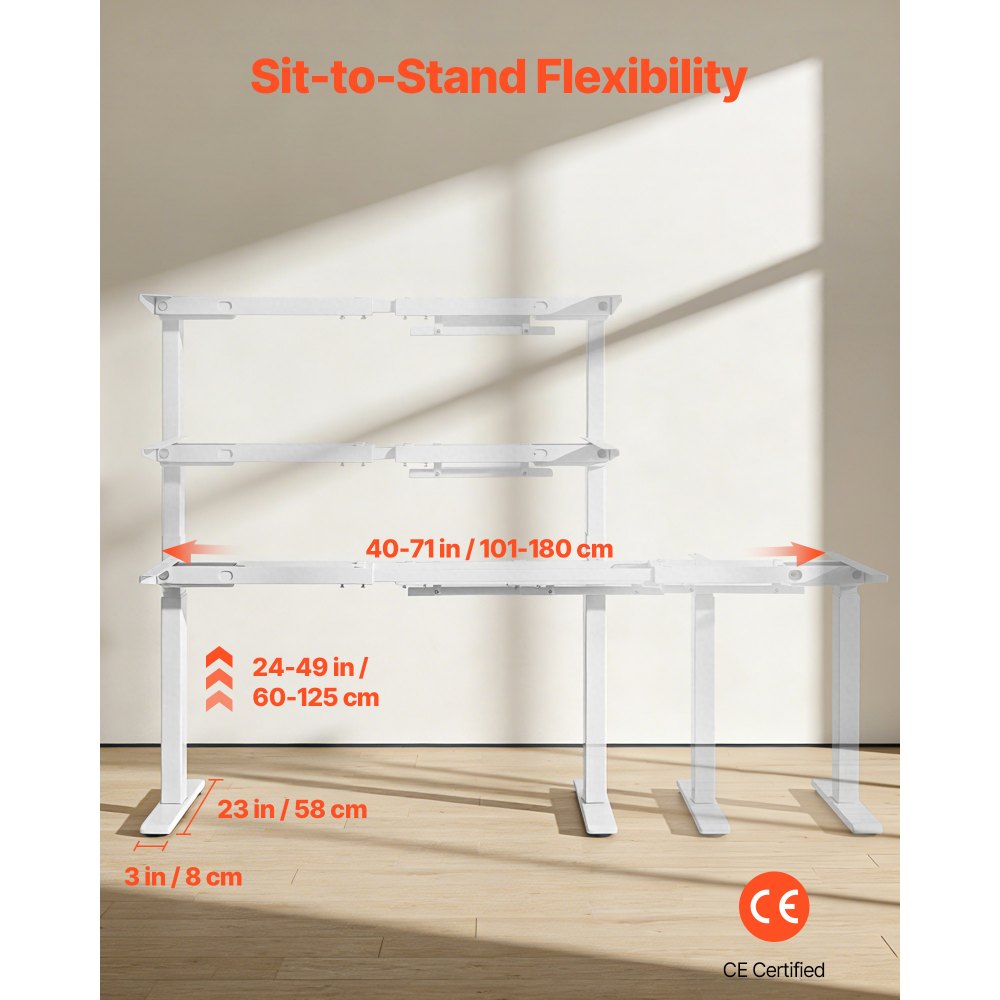 VEVOR Standing Desk Frame Dual Motor, Electric Adjustable 100-180 cm Extension Length, 3 Memory Height Settings Stand Up Table Legs, Sit to Stand Desk Leg Riser for Office Home Base Worksation, White