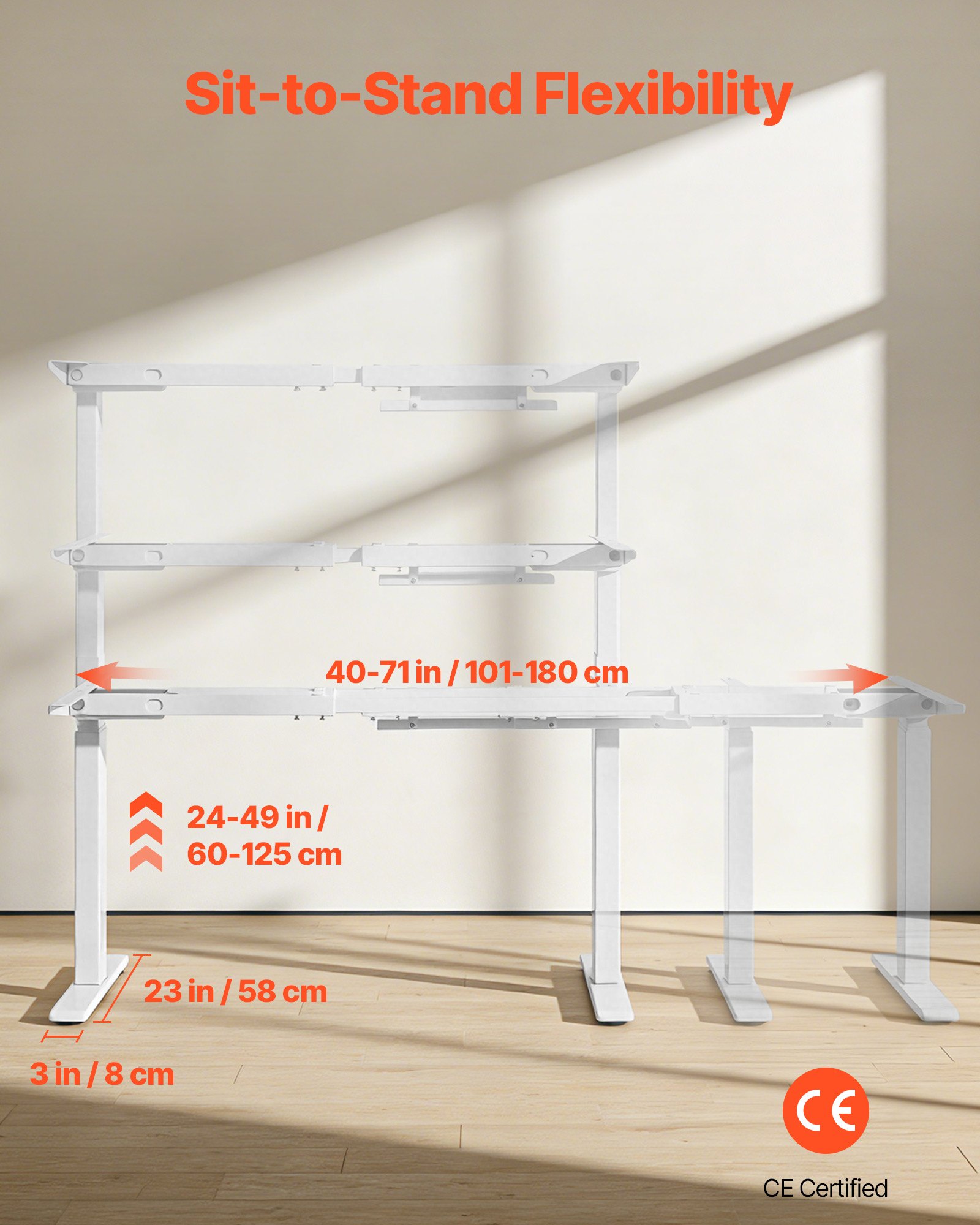 VEVOR Standing Desk Frame Dual Motor, Electric Adjustable 100-180 cm Extension Length, 3 Memory Height Settings Stand Up Table Legs, Sit to Stand Desk Leg Riser for Office Home Base Worksation, White