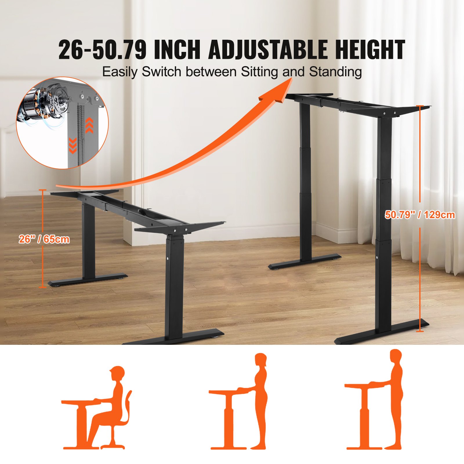VEVOR Podwójna rama biurka z silnikiem elektrycznym, regulowana wysokość 65-129 cm i długość 110-178 cm, ergonomiczna podstawa stanowiska pracy, 3 pozycje (tylko czarna rama)