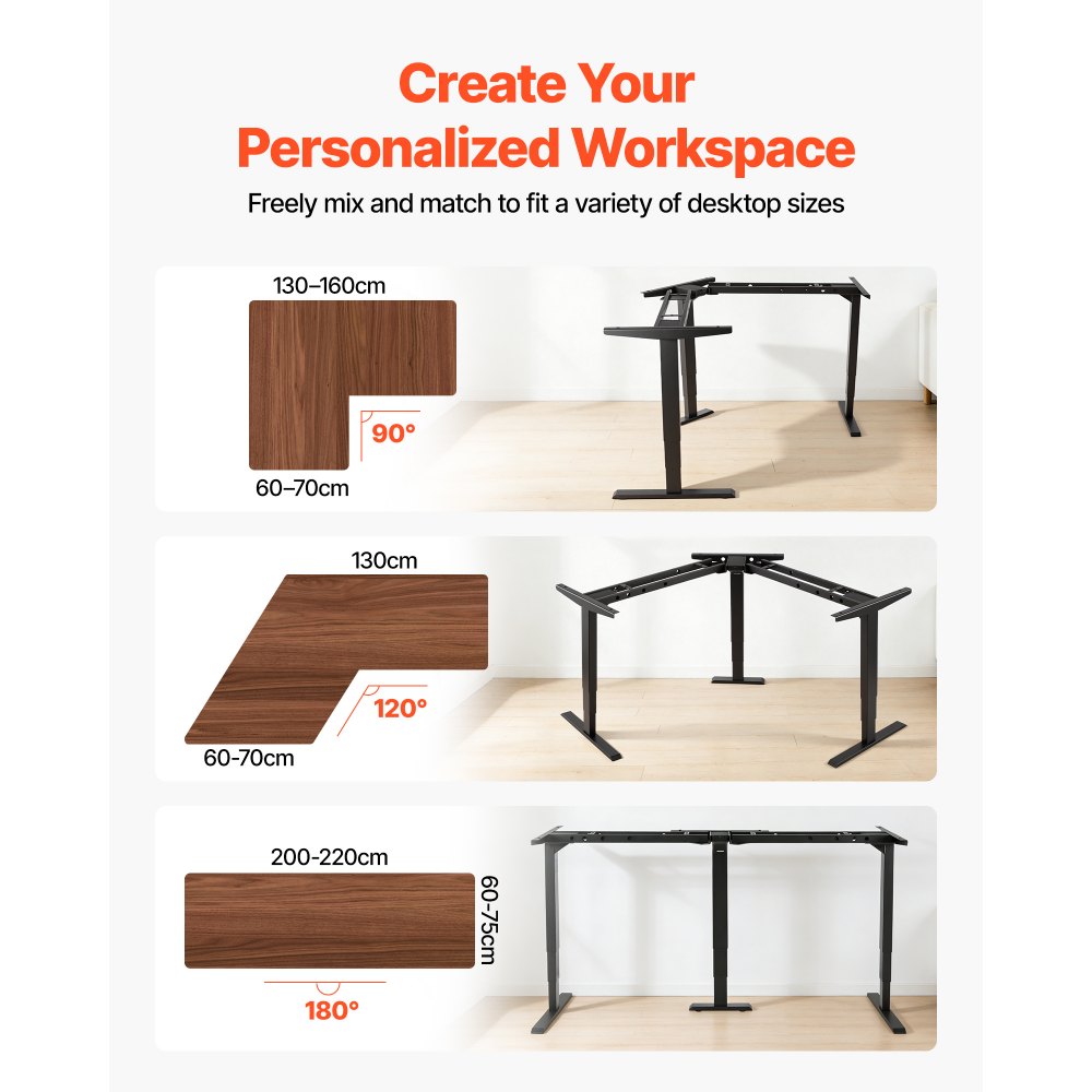 VEVOR Stelaż biurka z regulacją wysokości, kształt litery L, regulowany kąt nachylenia, do 125 kg, 3-stopniowe nogi stołu z 3 silnikami, funkcja pamięci, wyświetlacz wysokości, zabezpieczenie przed kolizją, USB do biura, kolor czarny