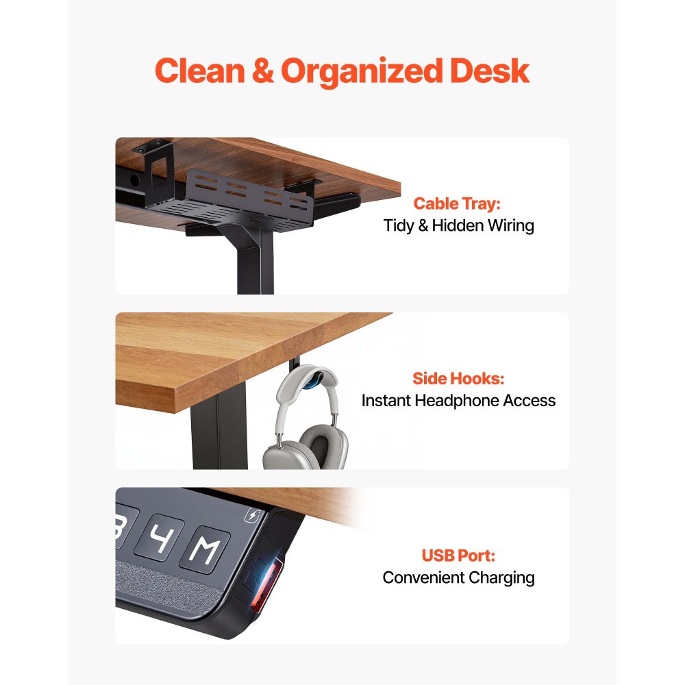 VEVOR Stelaż biurka z regulacją wysokości, kształt litery L, regulowany kąt nachylenia, do 125 kg, 3-stopniowe nogi stołu z 3 silnikami, funkcja pamięci, wyświetlacz wysokości, zabezpieczenie przed kolizją, USB do biura, kolor czarny