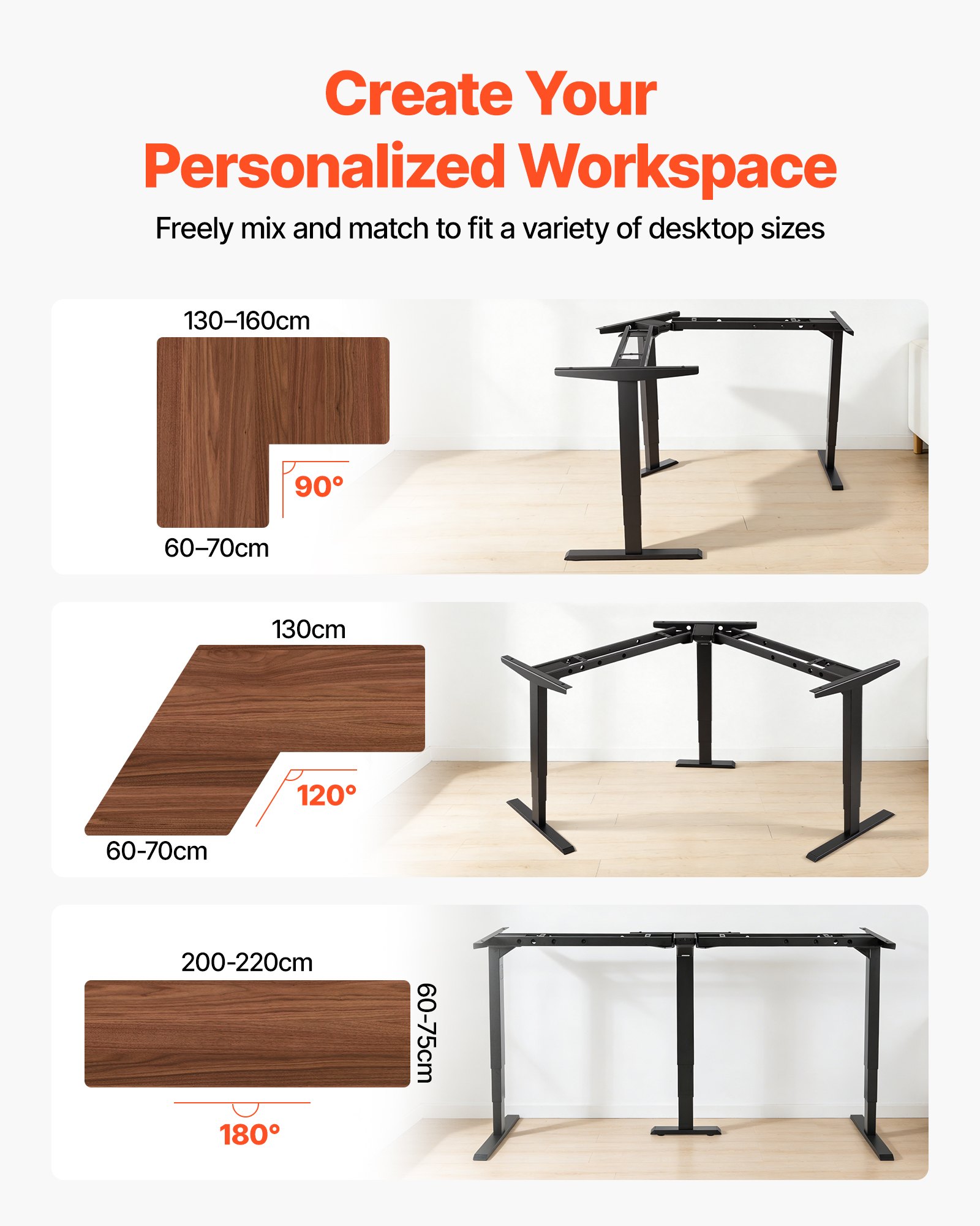 VEVOR Stelaż biurka z regulacją wysokości, kształt litery L, regulowany kąt nachylenia, do 125 kg, 3-stopniowe nogi stołu z 3 silnikami, funkcja pamięci, wyświetlacz wysokości, zabezpieczenie przed kolizją, USB do biura, kolor czarny