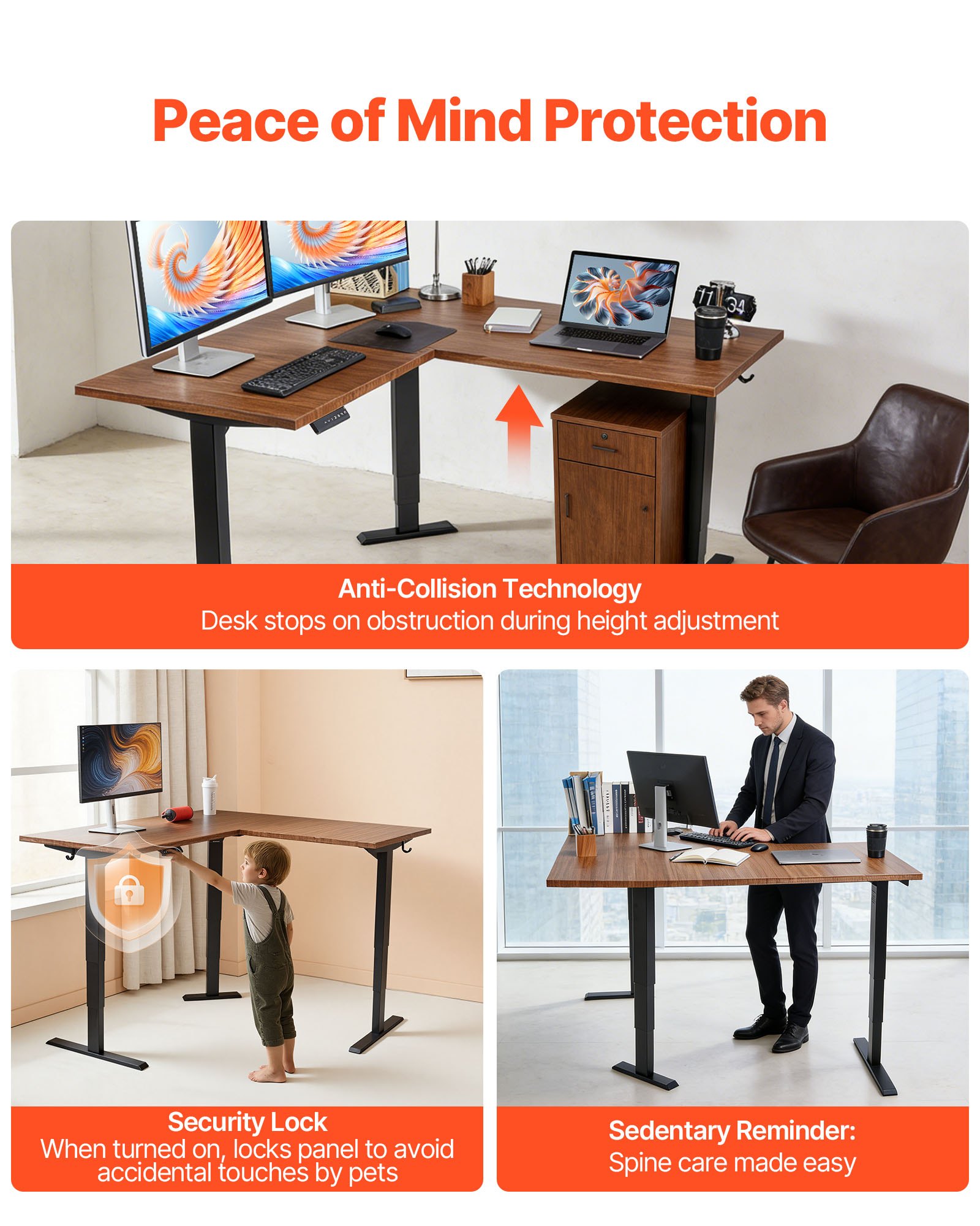 VEVOR Stelaż biurka z regulacją wysokości, kształt litery L, regulowany kąt nachylenia, do 125 kg, 3-stopniowe nogi stołu z 3 silnikami, funkcja pamięci, wyświetlacz wysokości, zabezpieczenie przed kolizją, USB do biura, kolor czarny