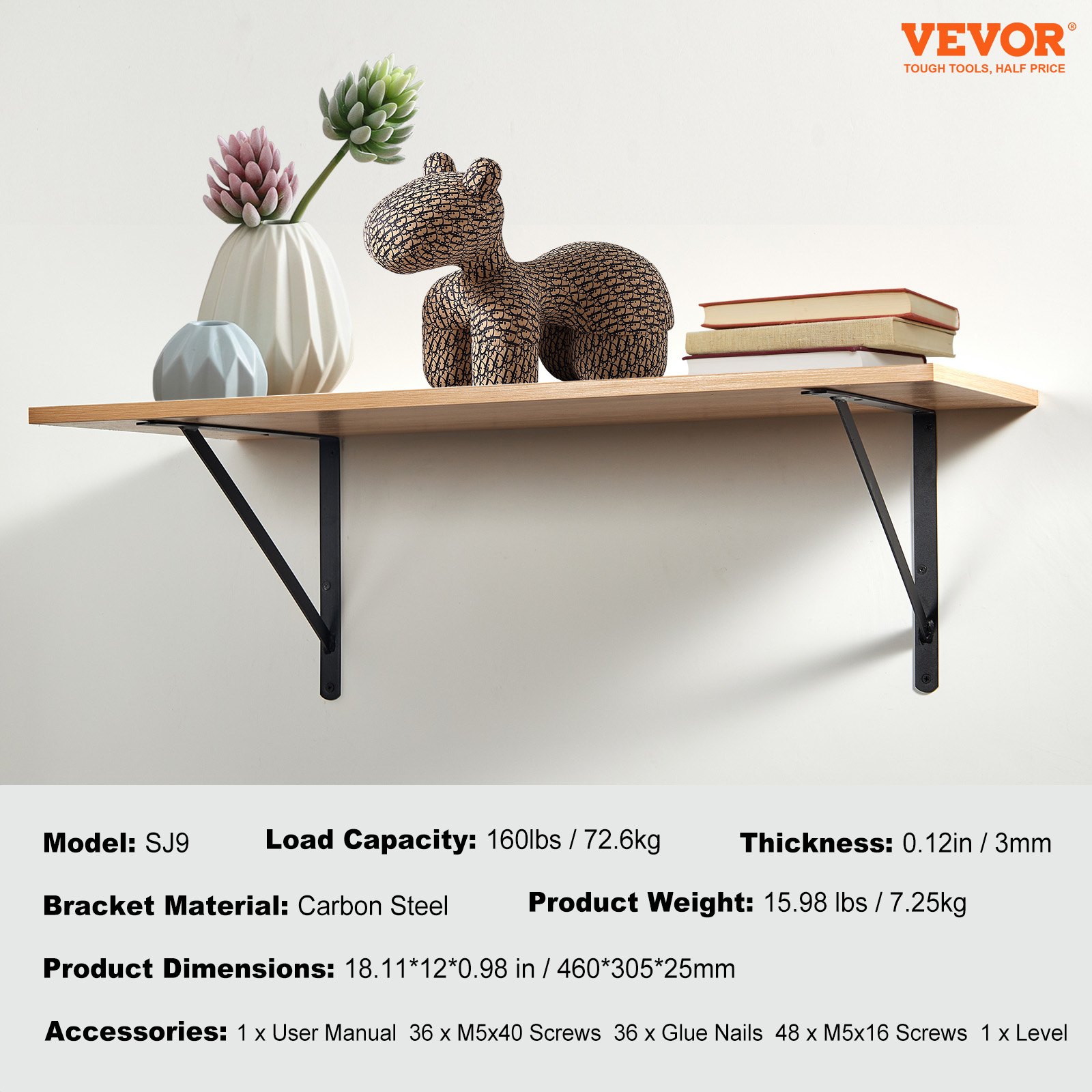 Wsporniki półek VEVOR, 18,2 x 12,0 x 0,98 cala (460 x 305 x 25 mm), opakowanie 12 sztuk wsporników półek pływających, podpory półek, trójkątny wspornik półki o grubości 3 mm, matowy, czarny, stalowy, podpora półki o nośności 160 funtów (72,6 kg)