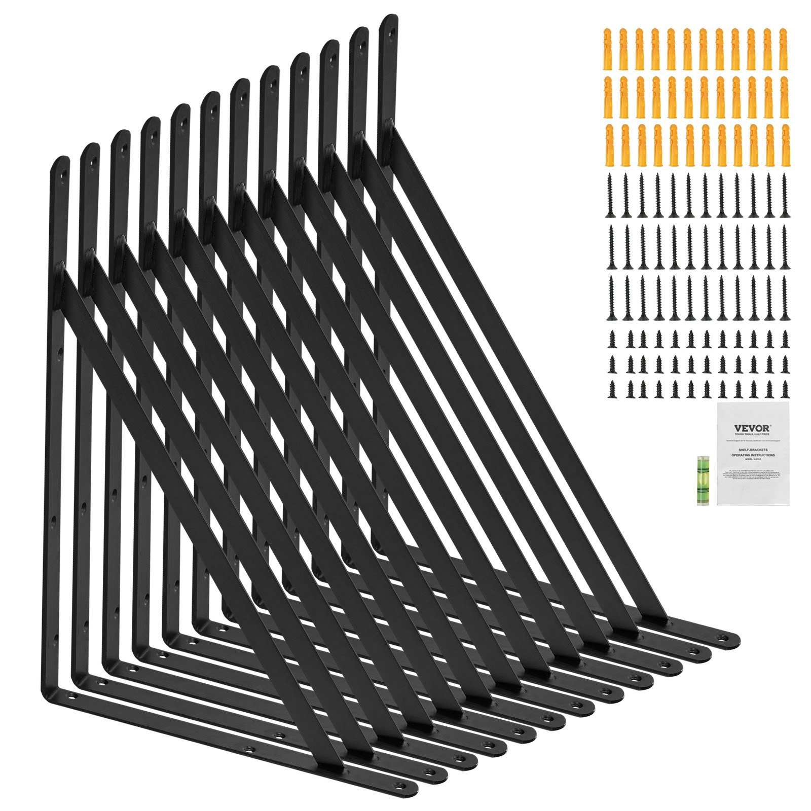 Wsporniki półek VEVOR, 18,2 x 12,0 x 0,98 cala (460 x 305 x 25 mm), opakowanie 12 sztuk wsporników półek pływających, podpory półek, trójkątny wspornik półki o grubości 3 mm, matowy, czarny, stalowy, podpora półki o nośności 160 funtów (72,6 kg)