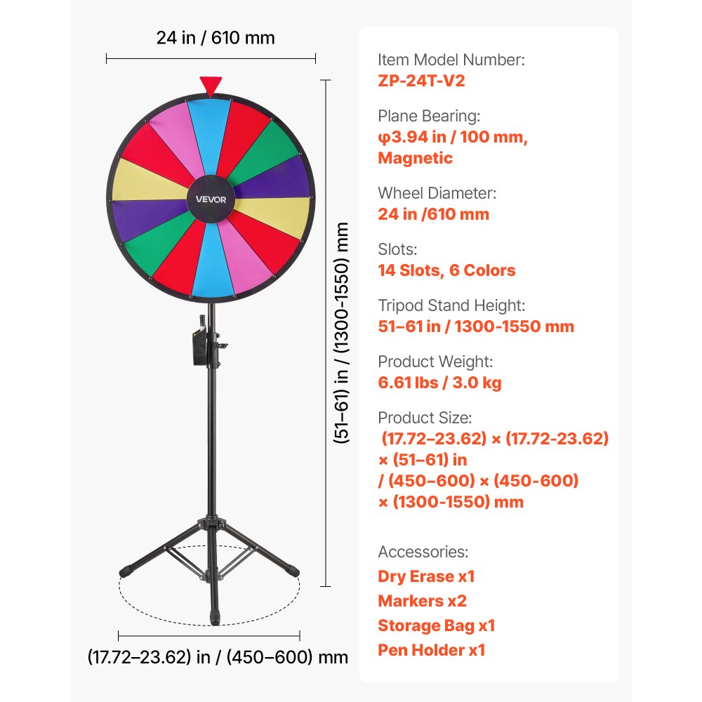 Koło Fortuny VEVOR (61 cm) 14 slotów Koło Fortuny ze statywem, regulowana wysokość, ruletka do gier loteryjnych z gąbką do tablicy i 2 markerami, 6 kolorów, idealne na imprezy, puby, targi, karnawał