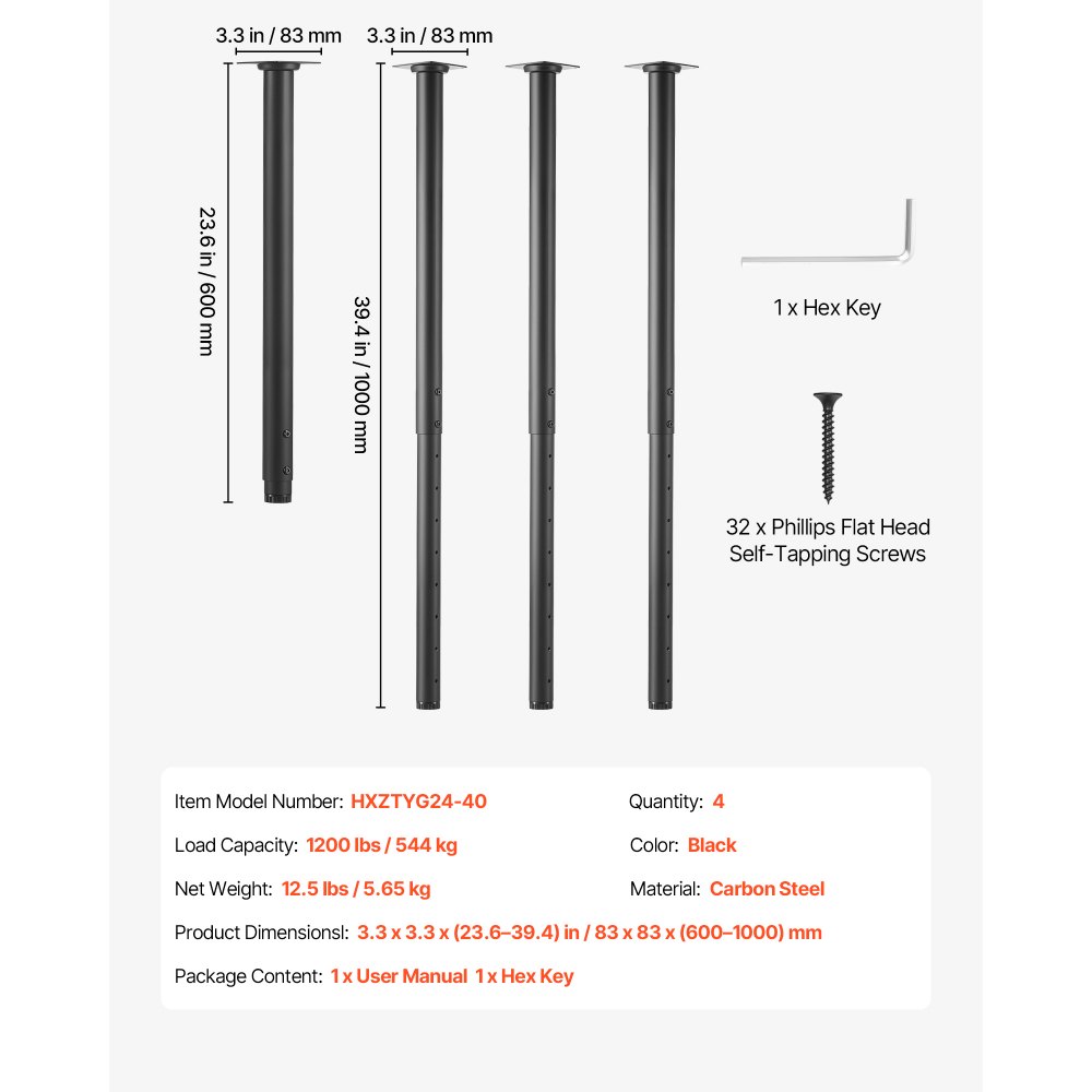 Nogi do stołu VEVOR, zestaw 4 szt., nogi meblowe o regulowanej wysokości 60–100 cm, nogi do stołu maks. 544 kg, nogi teleskopowe ze stali węglowej, do biurek, stolików kawowych, stołów jadalnych, stołów warsztatowych, okrągłe
