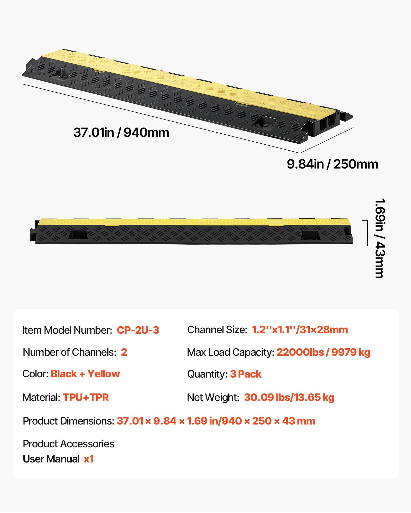Osłona kabla VEVOR 940 mm, nośność 9979 kg/oś, 2-kanałowa (31 x 28 mm) osłona kabla TPU, zabezpieczenie przed potknięciem, osłony podłogowe, do miejsc o wysokim progu, do domu, biura, magazynu, opakowanie 3 szt.