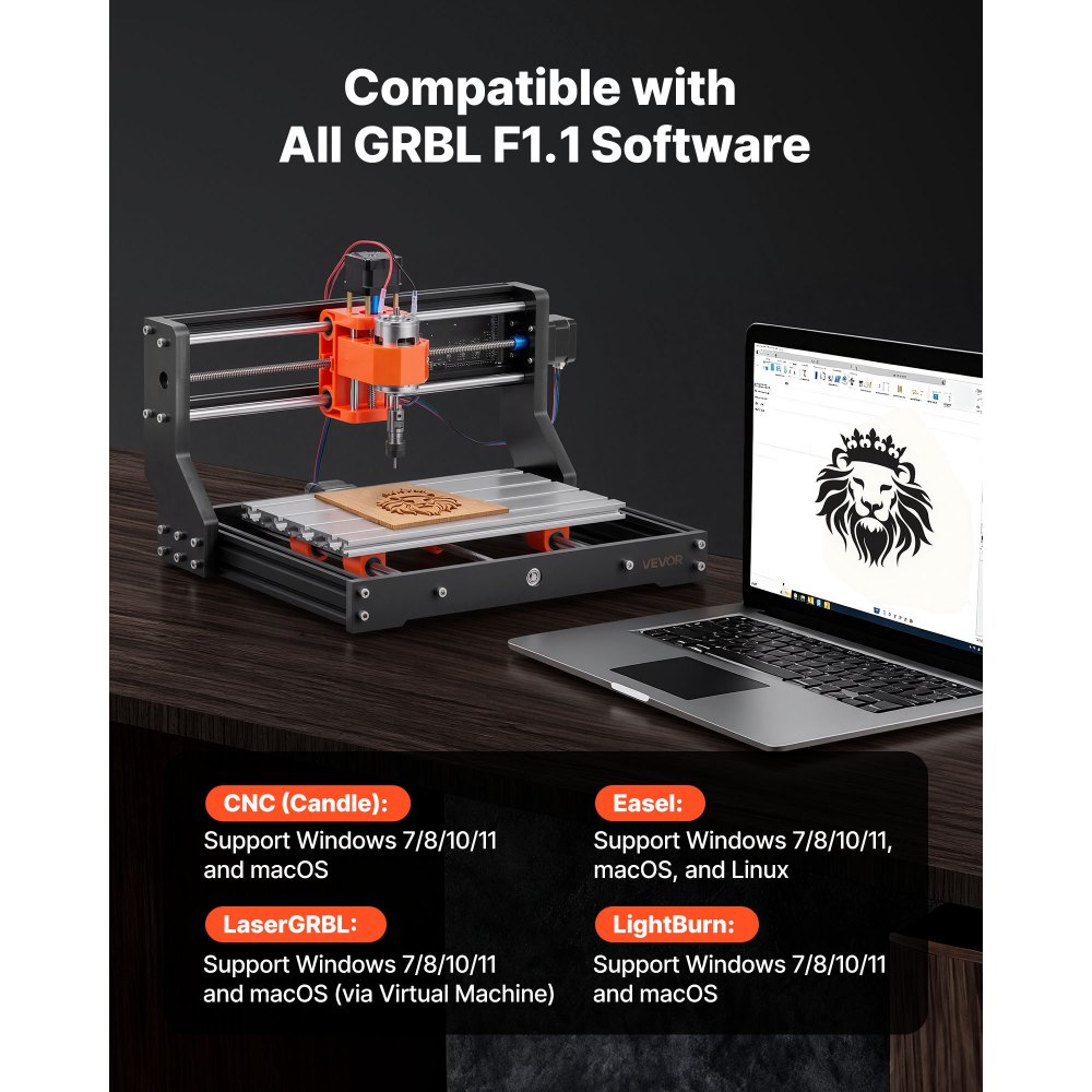 Frezarka CNC VEVOR 3018, wrzeciono 60W, grawerka 3-osiowa, obszar roboczy 300x180x40 mm, obudowa ze stopu aluminium, do rzeźbienia i cięcia drewna i akrylu