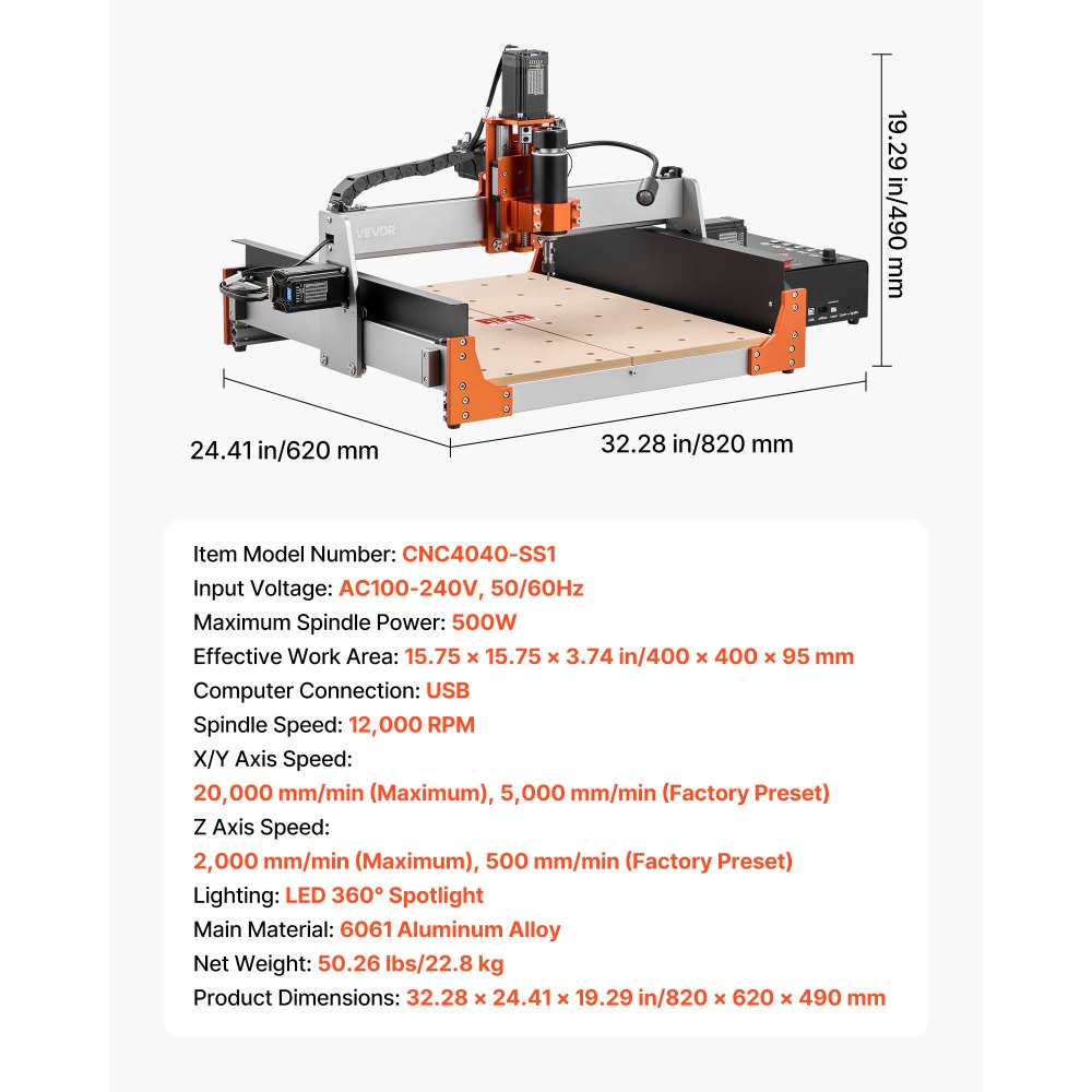 Frezarka CNC VEVOR, wrzeciono 500W, grawerka 3-osiowa z dwoma prowadnicami liniowymi i śrubą kulową, obszar roboczy 400x400x95 mm, frezarka do przycinania drewna i akrylu